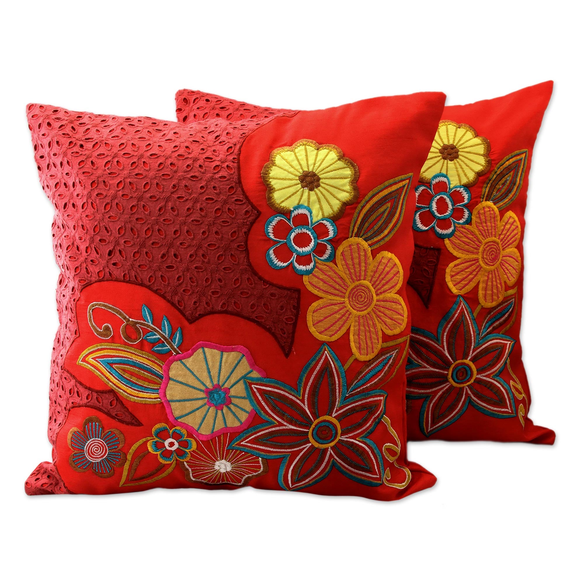 Premium Red Romance Floral Embroidered Cushion Covers - Luxurious Pair