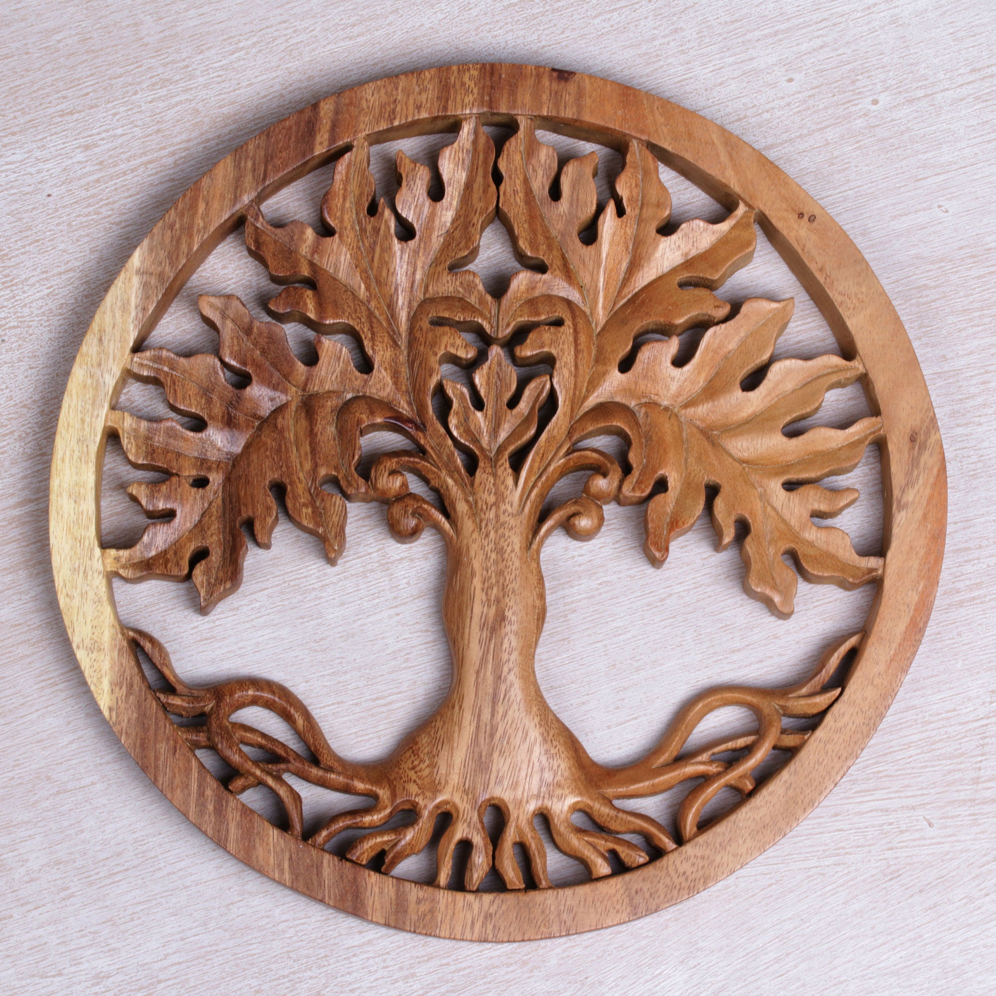 Premium Hand-Carved Suar Wood Fertility Tree Wall Art – Bali Inspired Round Relief Panel