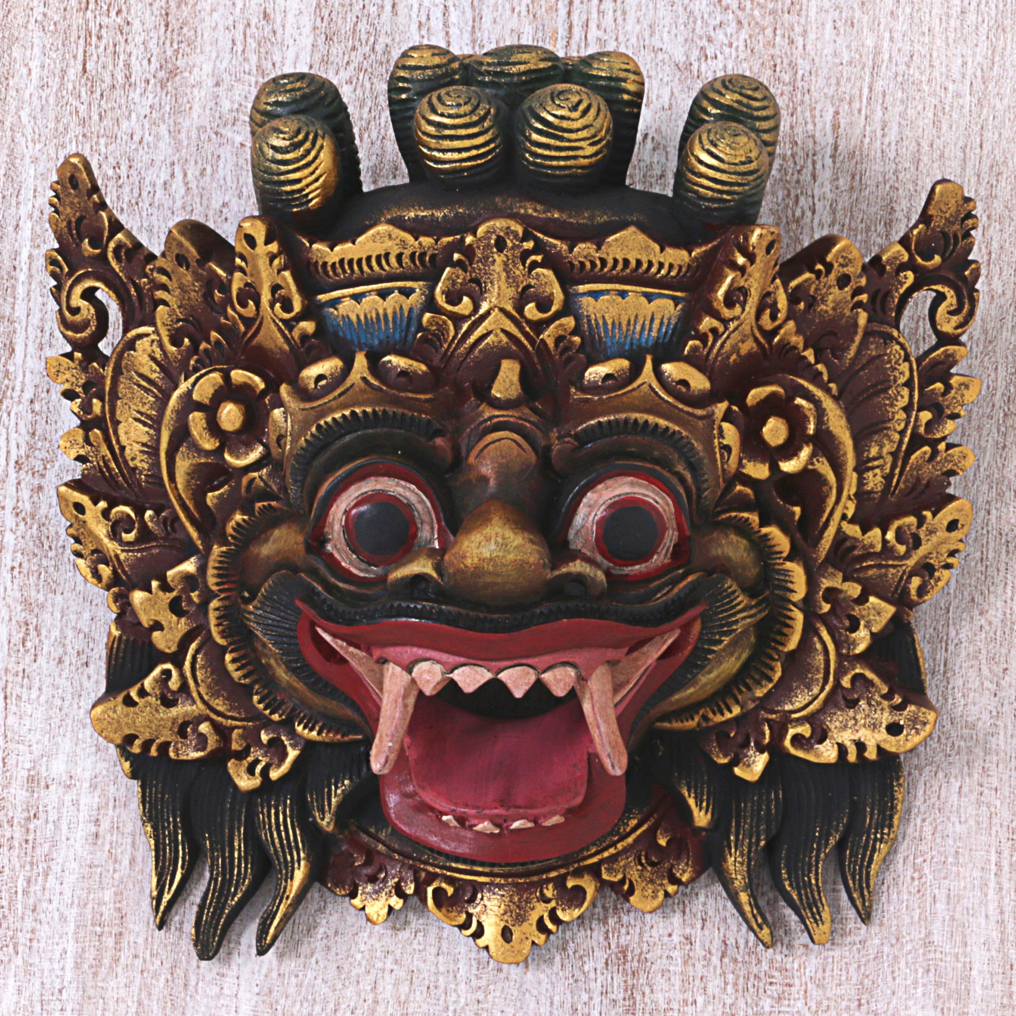 Premium Hand-Carved Barong Lion Mask in Gold - Authentic Indonesian Wall Art
