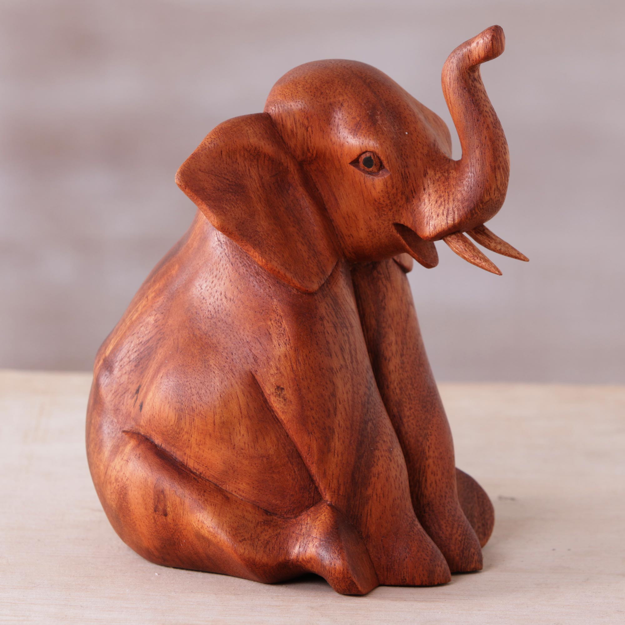 Premium Hand-Carved Suar Wood Baby Elephant Sculpture - Artisan Signed