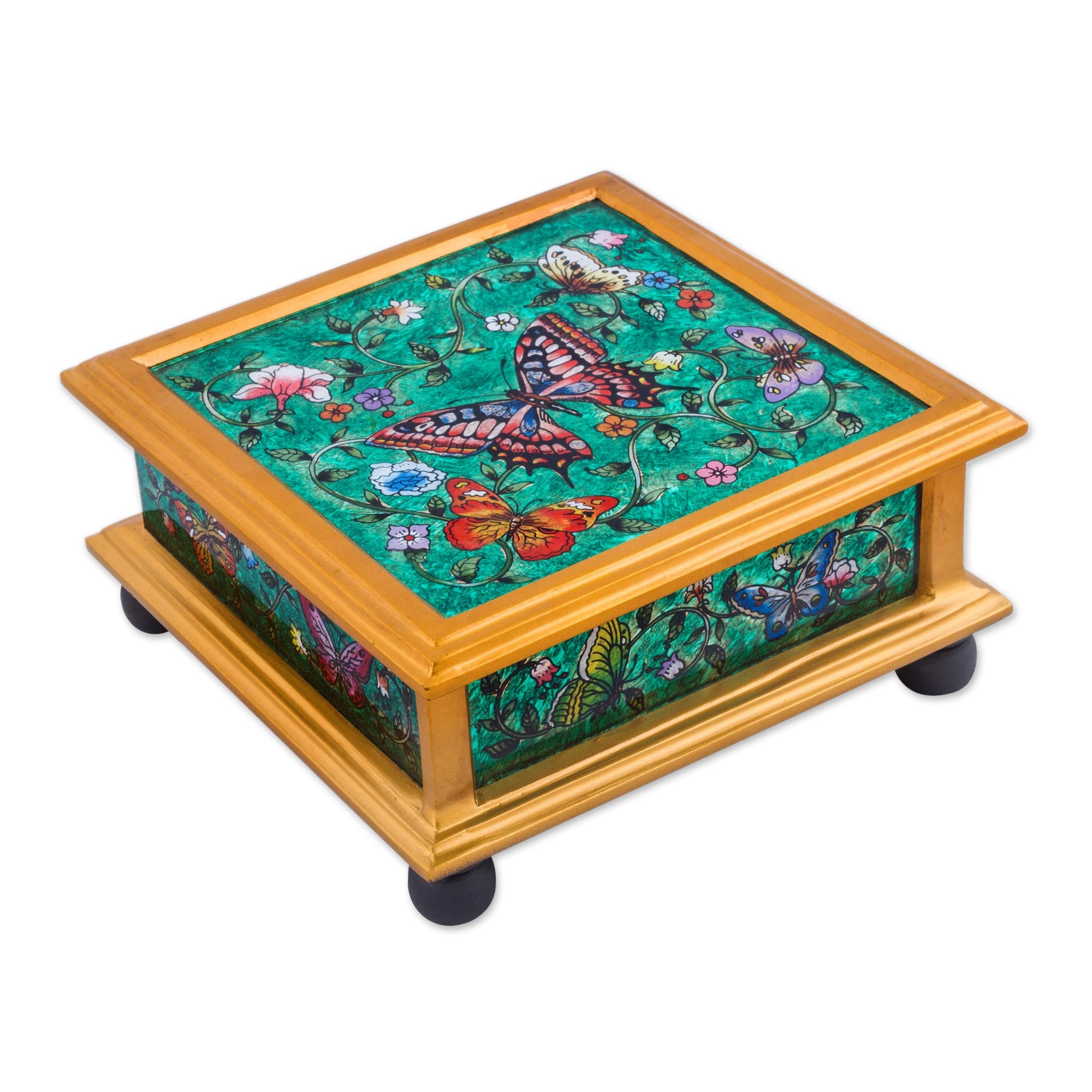 Premium Teal Winter Butterflies Reverse Painted Glass Box - Handcrafted Artisan Decor