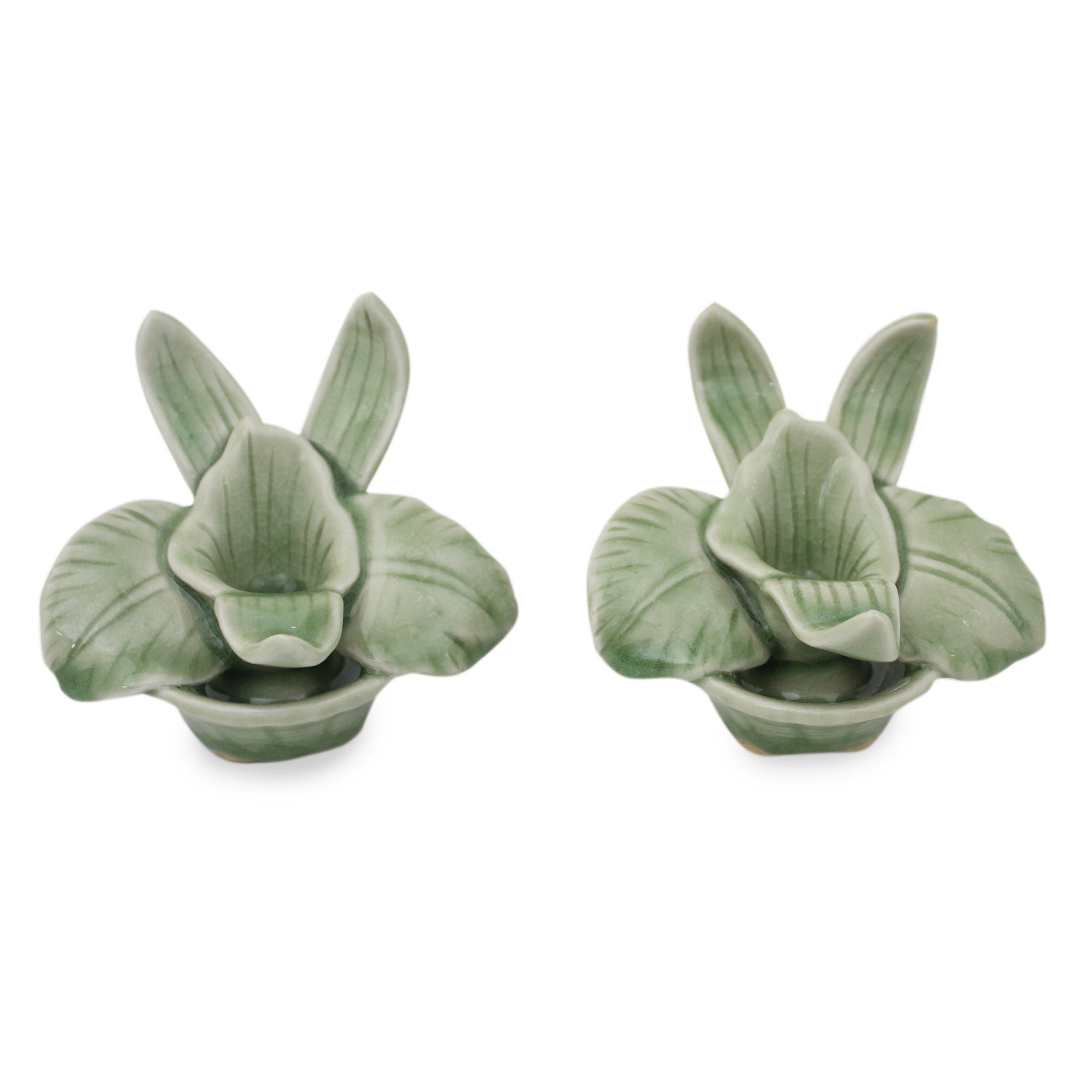 Premium Thai Jade Orchids Celadon Ceramic Candle Holders - Elegant Pair