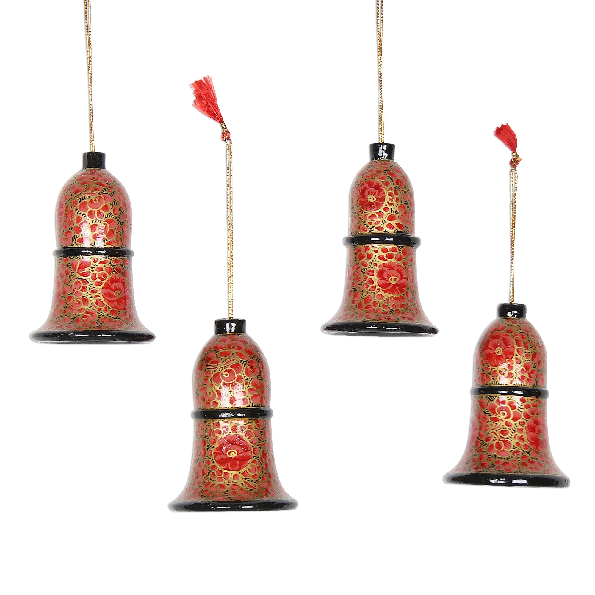 Premium Floral Bell Ornaments Set of 4 - Handcrafted Papier Mache Holiday Decor