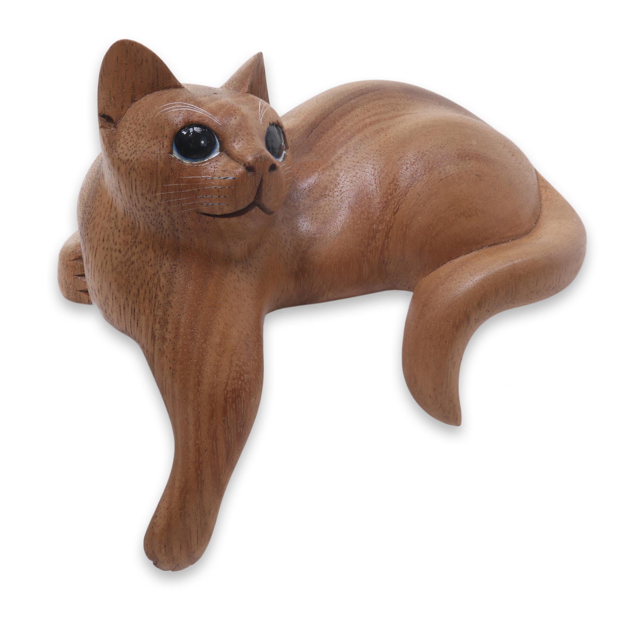 Premium Hand-Carved Ginger Cat Sculpture - Medium Wood Finish