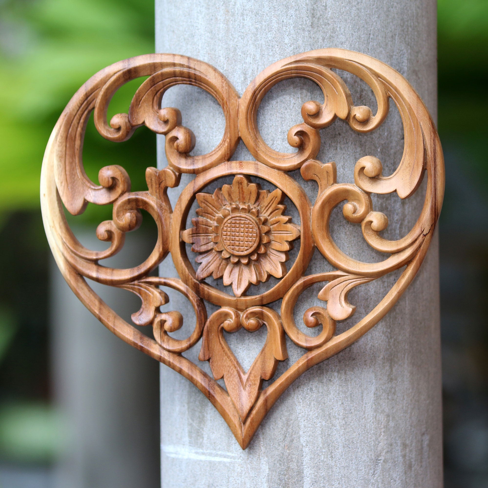 Premium Hand-Carved Lotus Love Wood Relief Panel - Heart & Flower Design