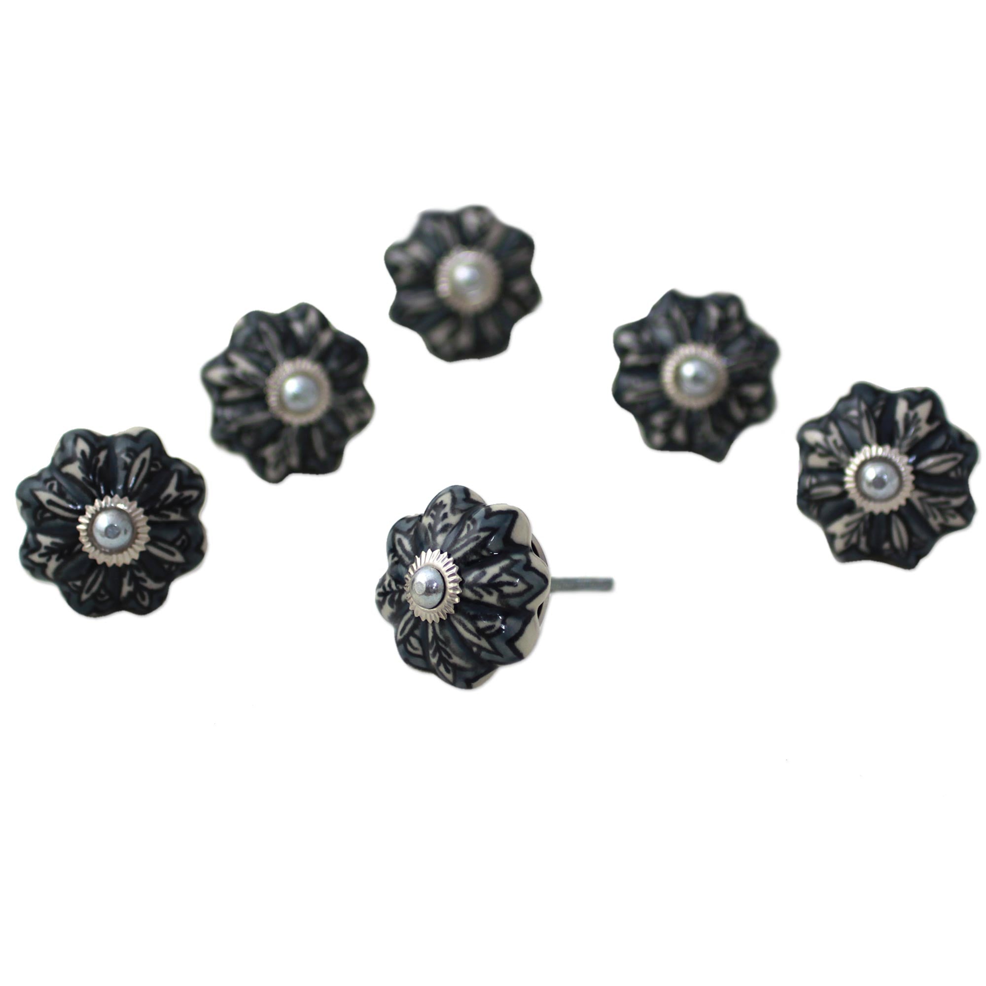 Premium Floral Grey Ceramic Cabinet Knobs – Handcrafted Set of 6