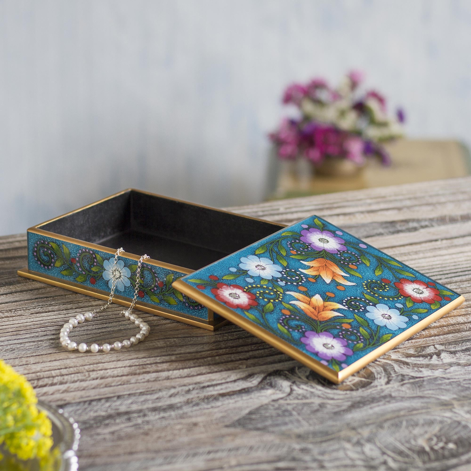 Premium Blue Floral Reverse-Painted Glass Decorative Box - Handcrafted Margarita Garden Design