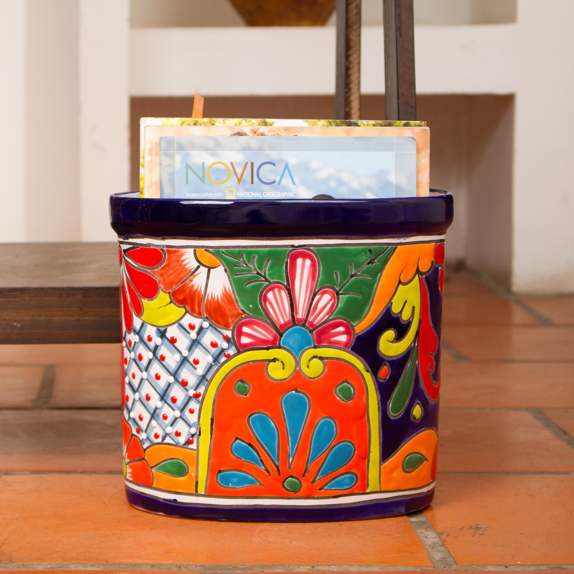 Premium Talavera Floral Ceramic Waste Bin - Handcrafted in Mexico