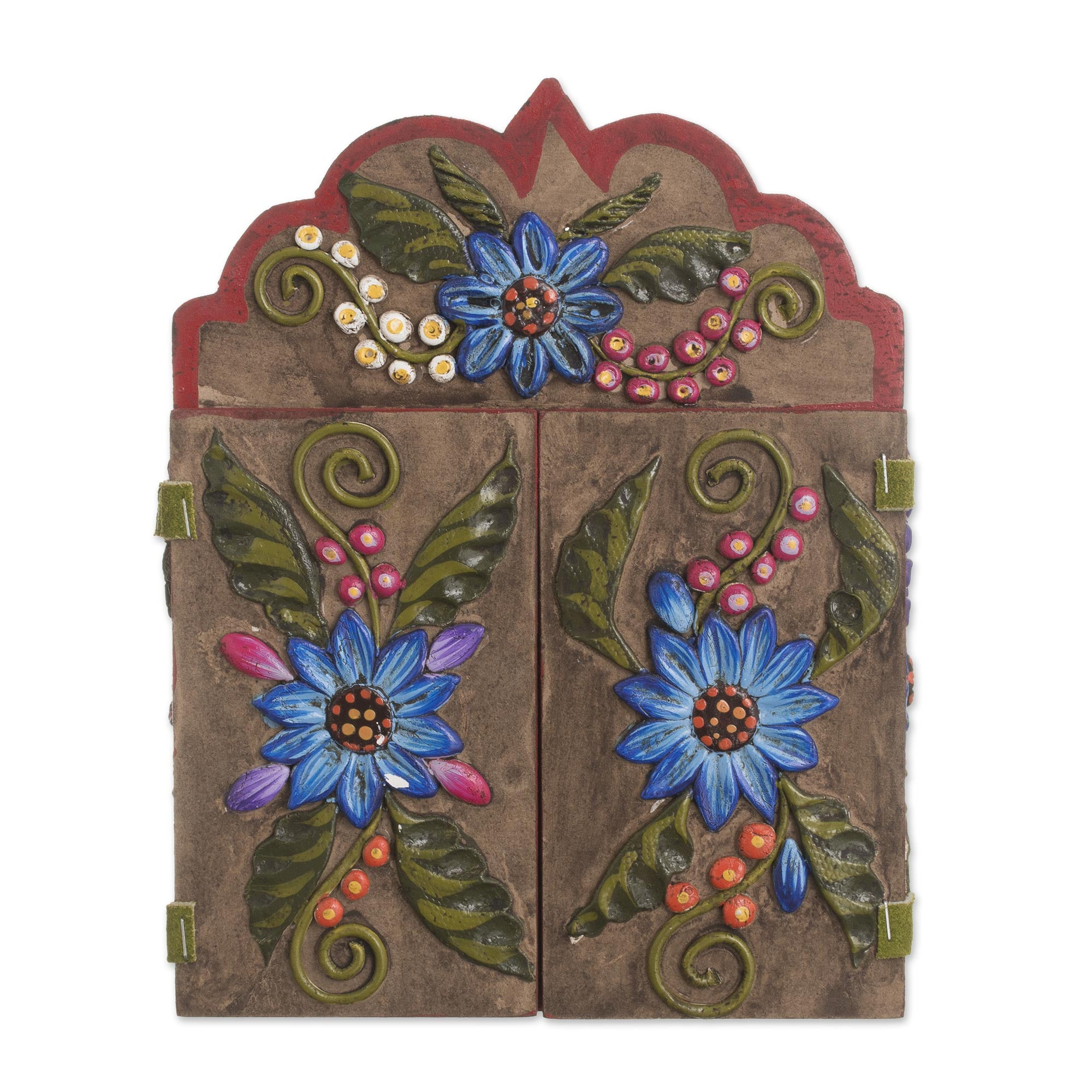 Premium Floral Retablo Art Piece – Handcrafted Wood & Ceramic Decor from Peru