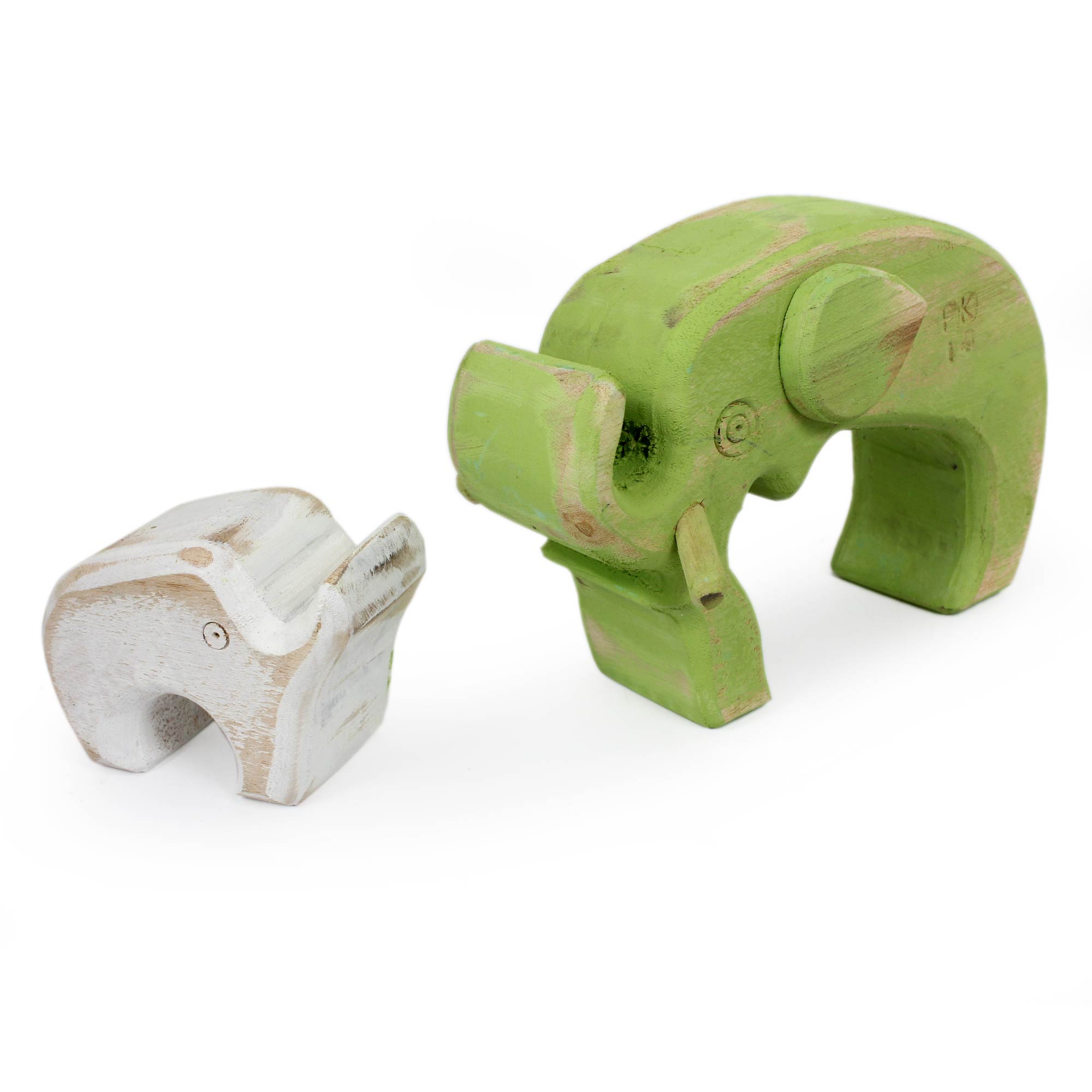 Premium Hand-Crafted Green & White Elephant Sculpture Duo – Rustic Thai Santol Wood Art