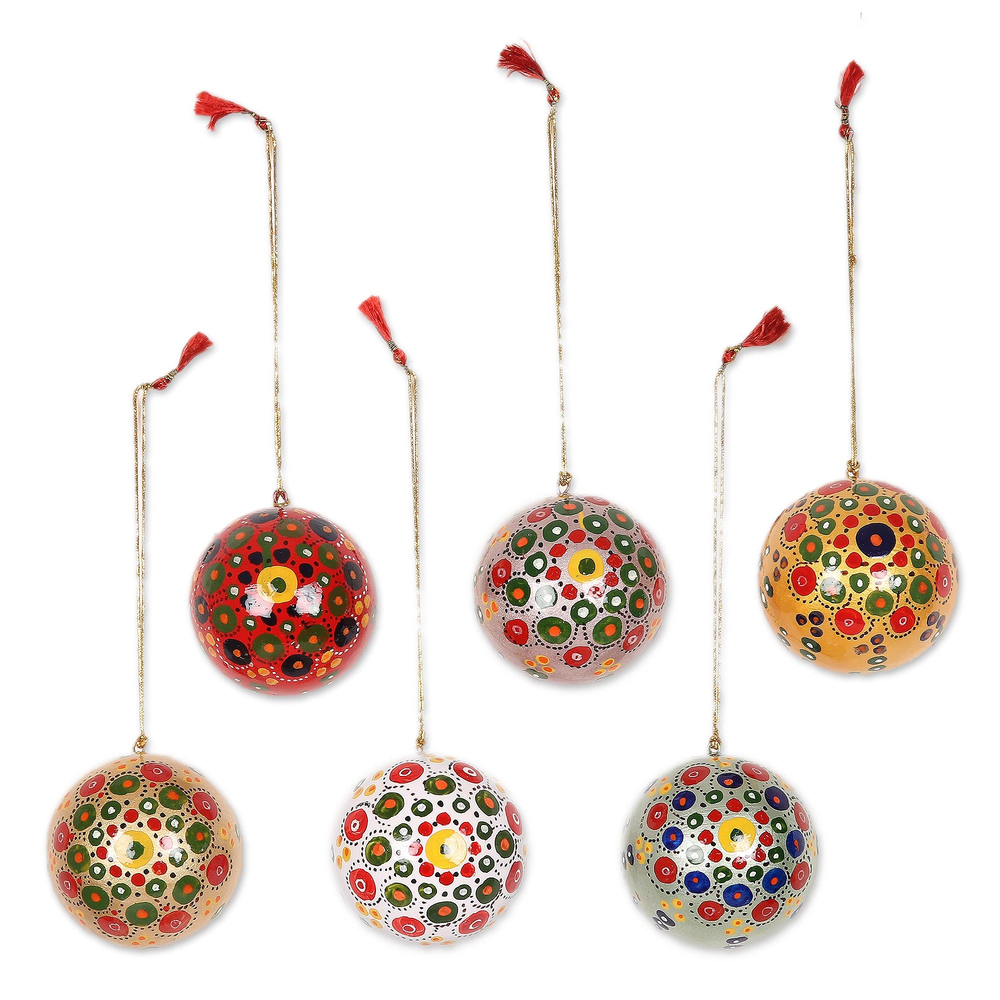 Premium Handcrafted Christmas Papier Mache Ornaments - Multicolor Set of 6