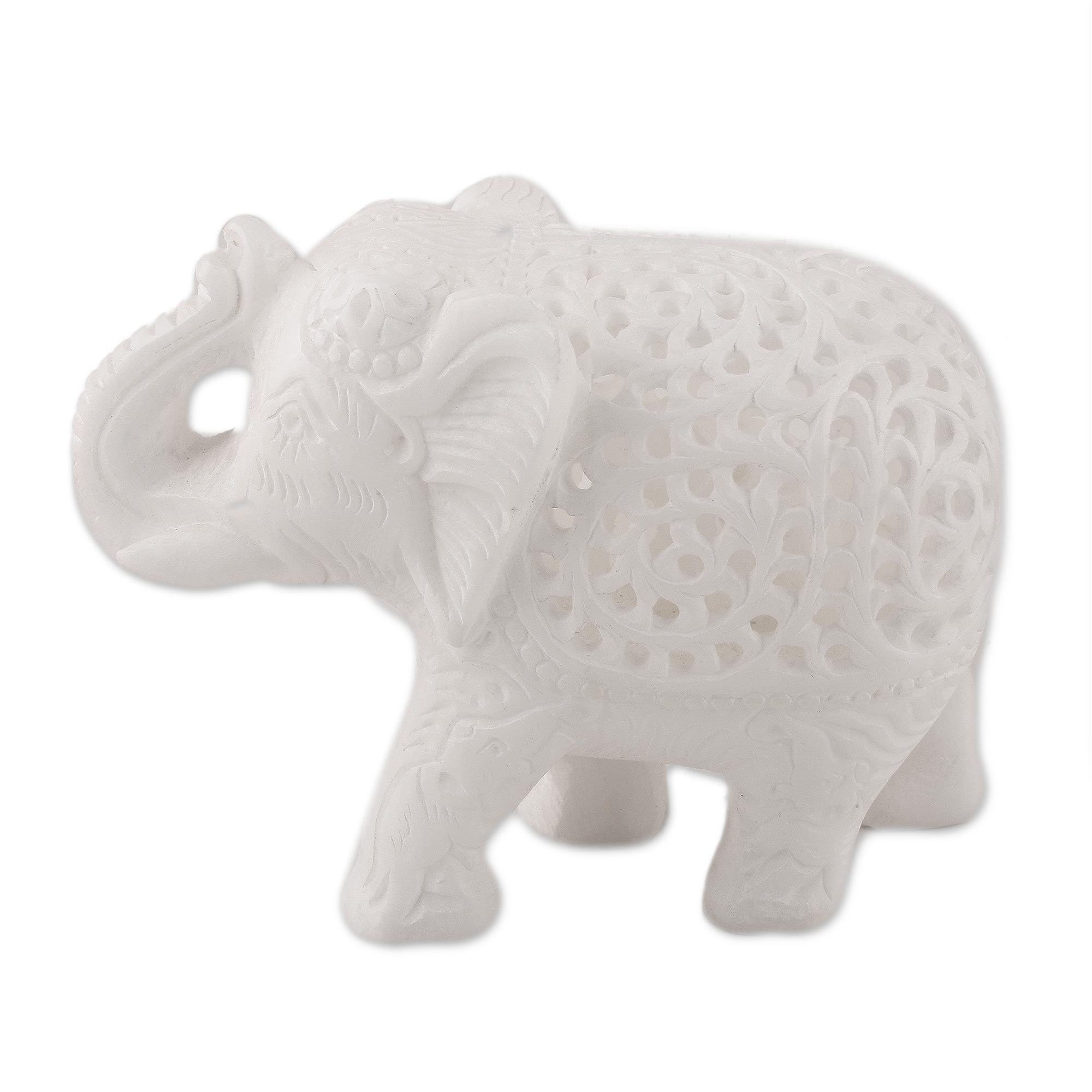 Premium Hand-Carved Alabaster Elephant Sculpture with Intricate Jali Design