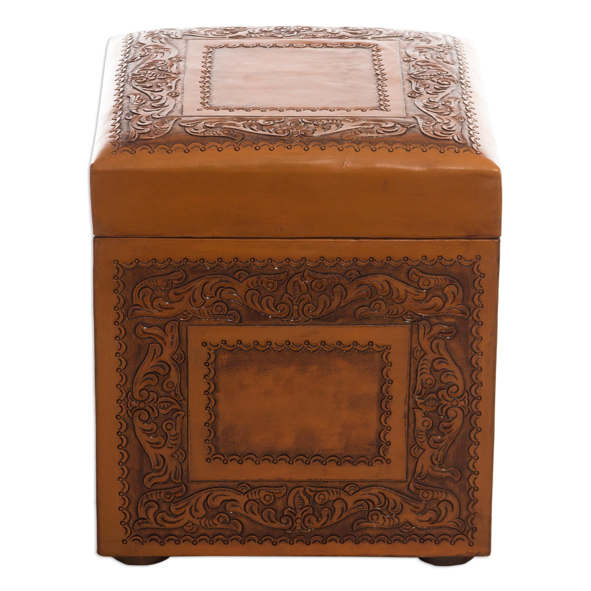 Premium Golden Colonial Ivy Leather Storage Ottoman