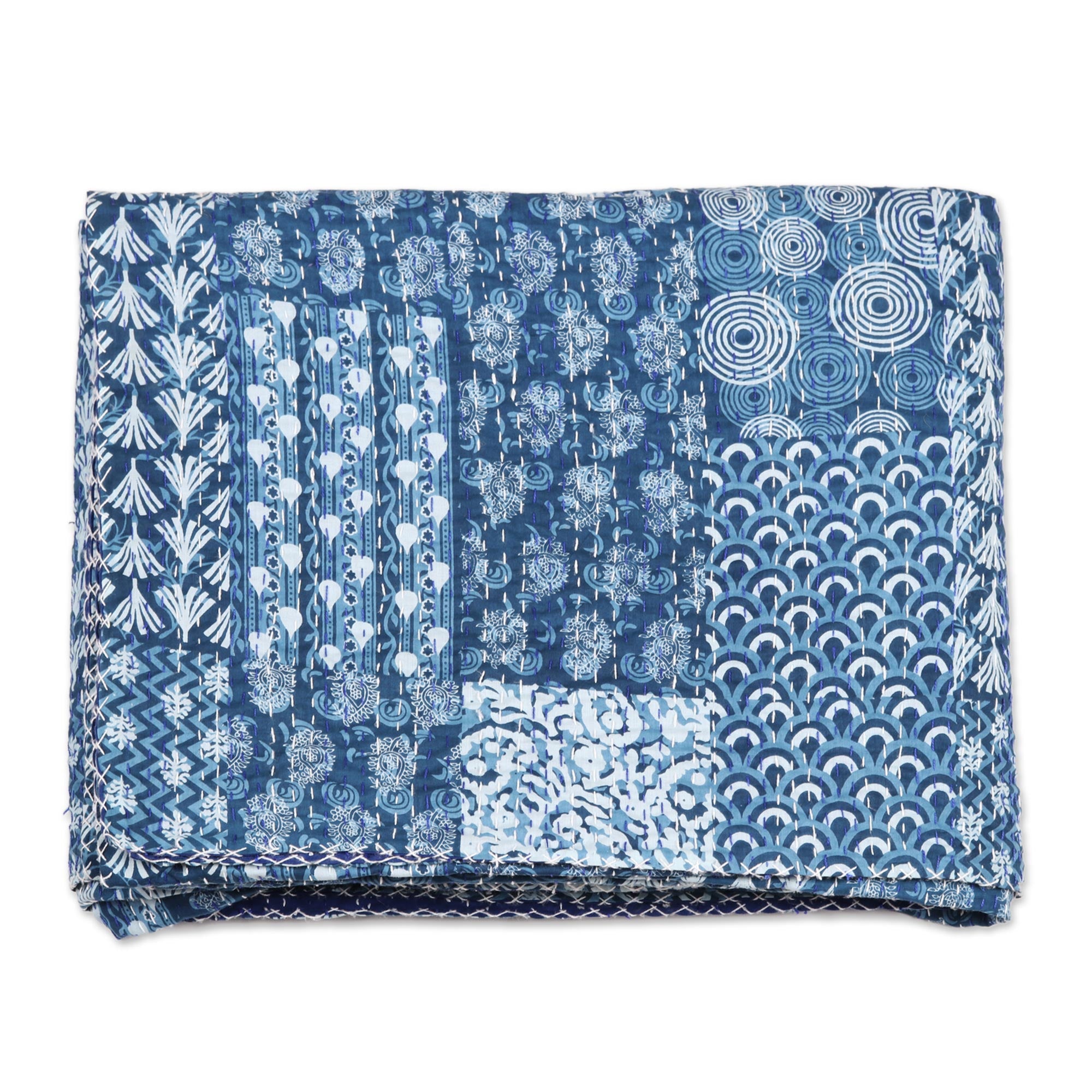 Premium Blue & White Cotton Kantha Bedspread Set - 3 Piece with Pillow Shams