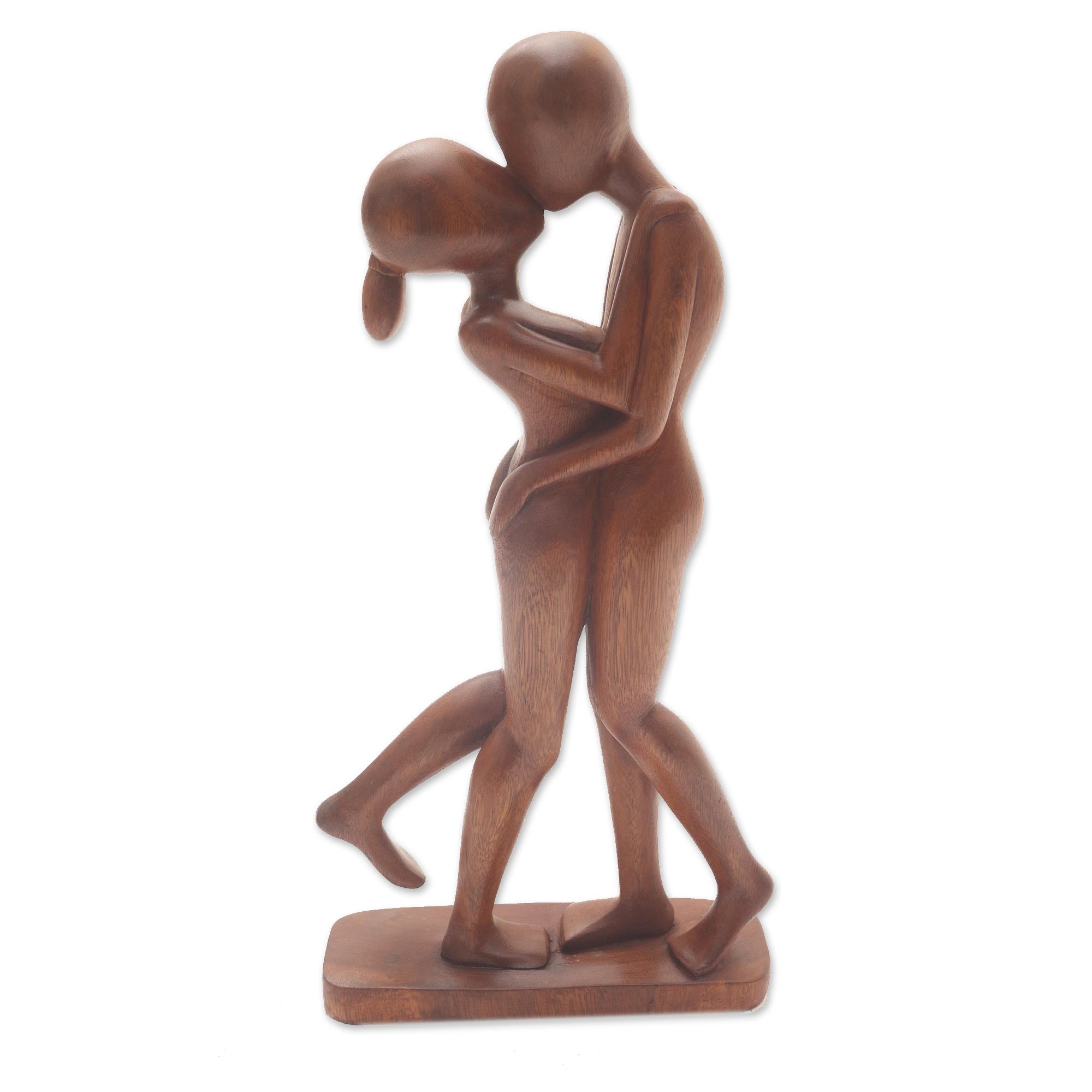 Premium Hand-Carved Suar Wood 'Lover's Kiss' Sculpture from Bali - Romantic Art Piece