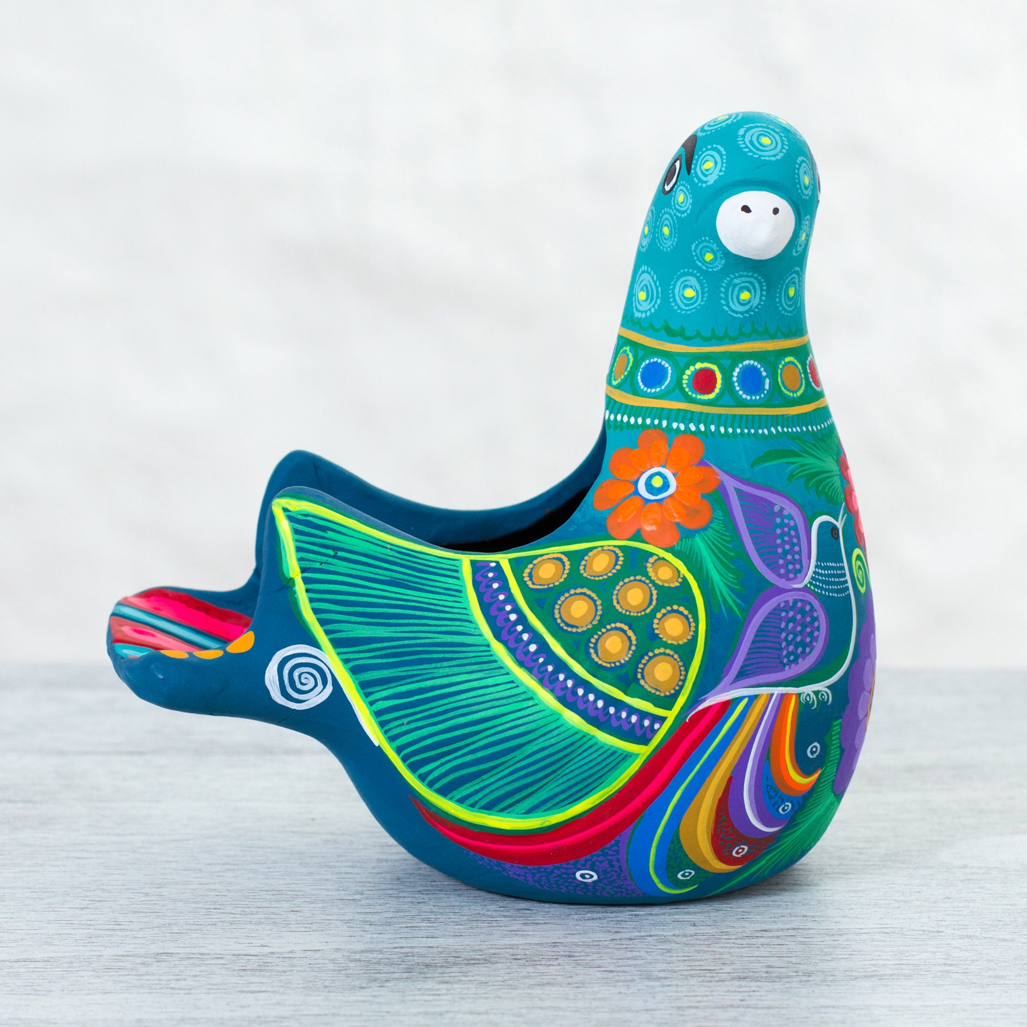 Premium Teal Dove Ceramic Sculpture - Hand-Painted Floral Art from Mexico