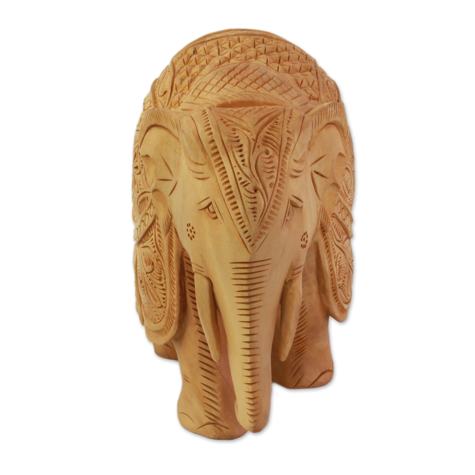 Premium Majestic Elephant Hand-Carved Sculpture - 6 Inch Kadam Wood Jali Art