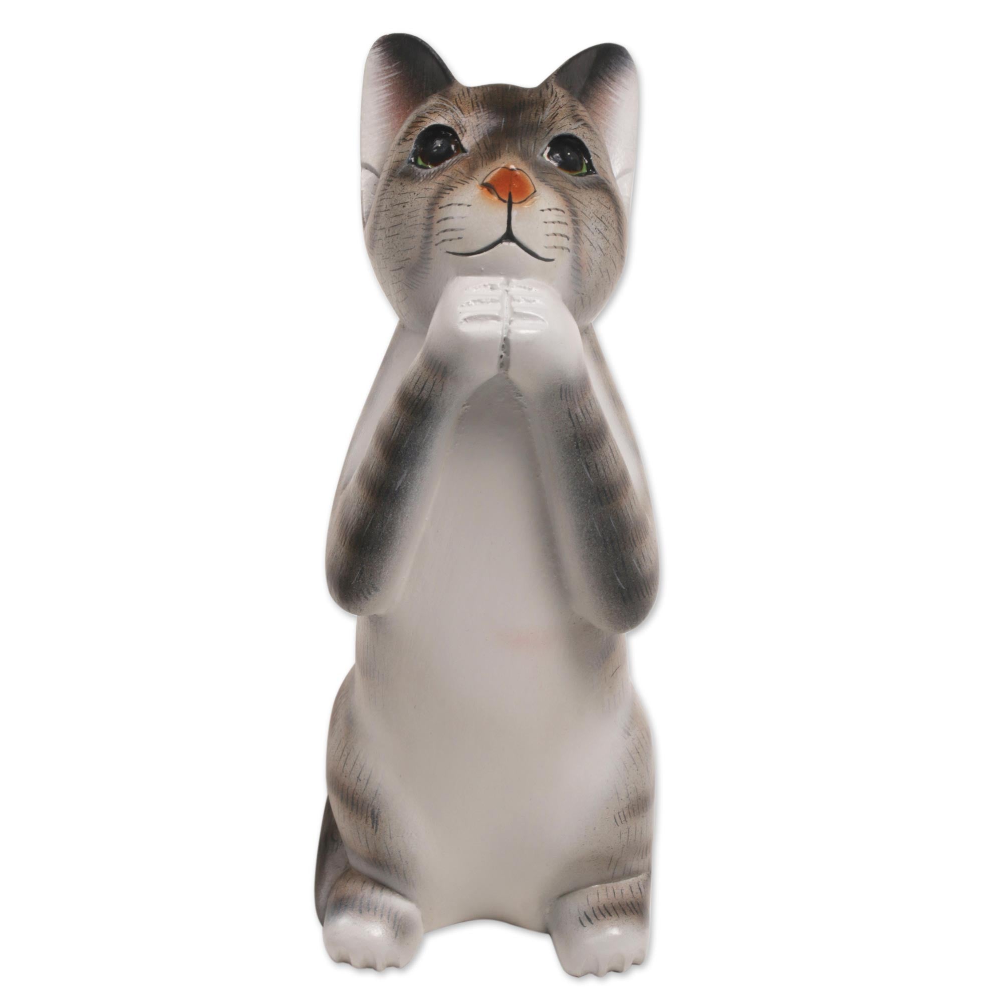 Premium Grey Wishing Cat Sculpture – Handcrafted Suar Wood Art from Bali