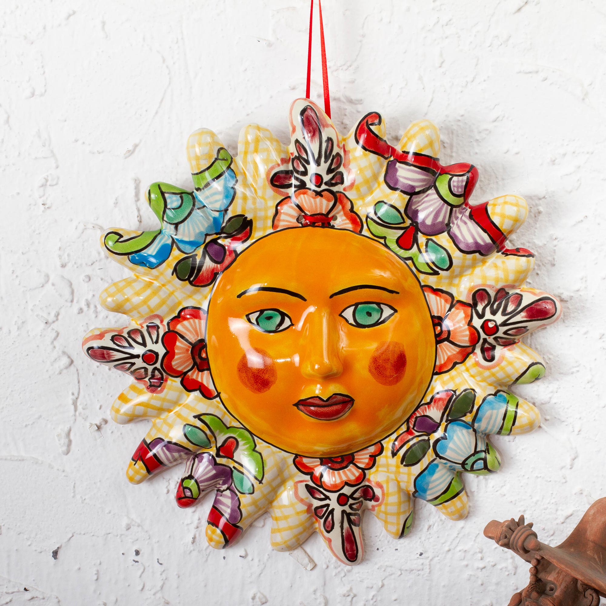 Premium Handcrafted Talavera Sun Wall Art - Vibrant Floral Design