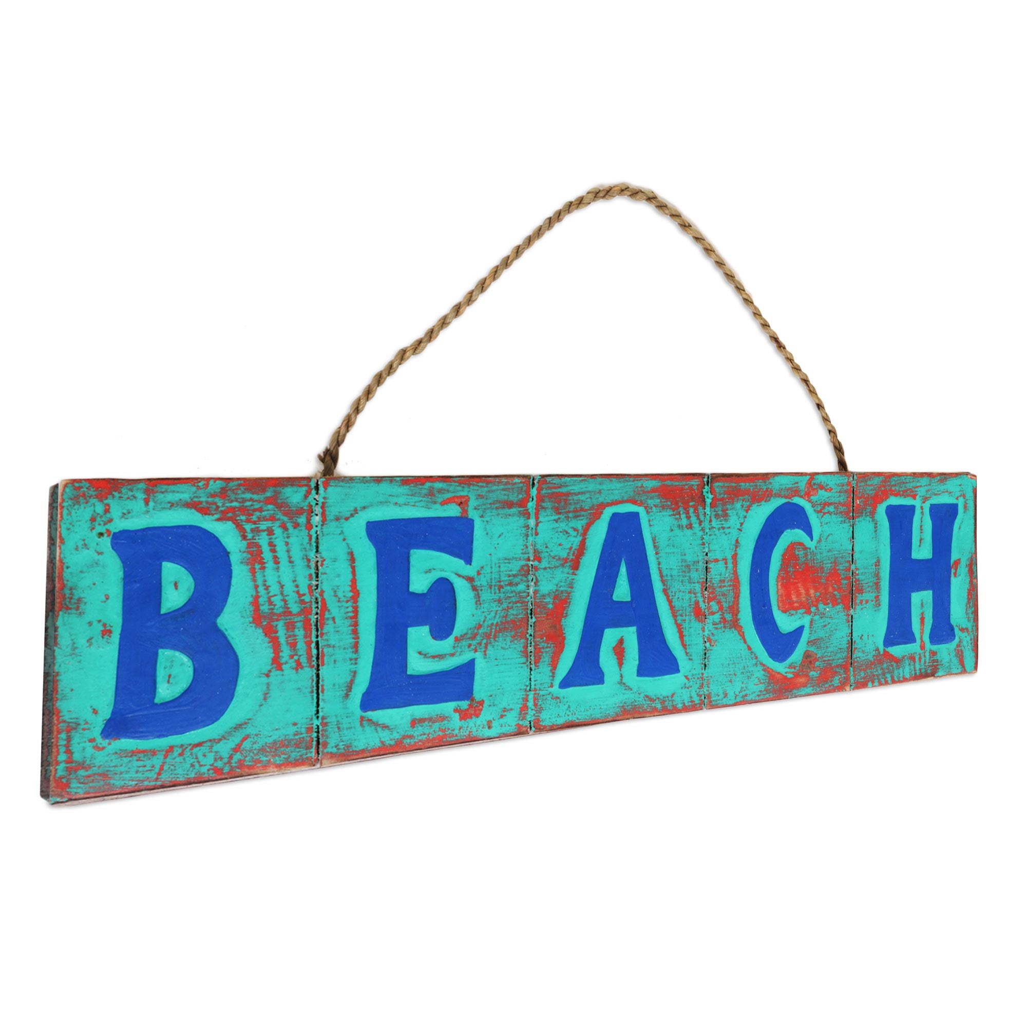 Premium Hand-Carved 'Beach' Wall Art - Turquoise & Red Indonesian Wood Sign