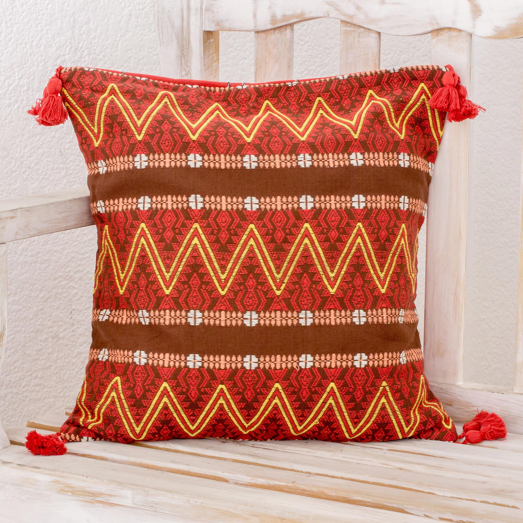 Premium Handwoven Zigzag Cotton Cushion Cover - Chestnut Design by Guatemalan Artisans
