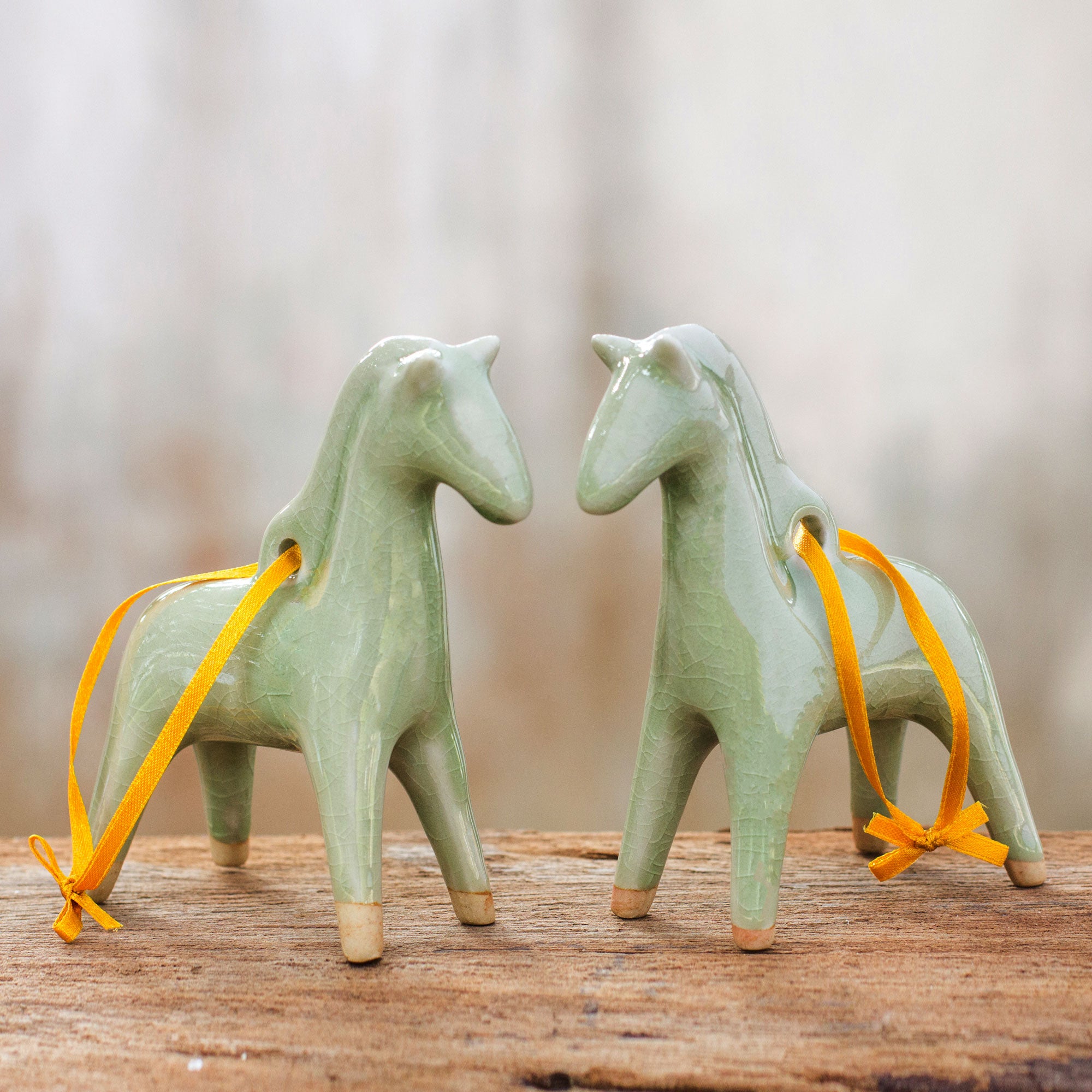 Premium Handmade Celadon Horse Ornament Set - Elegant Holiday Decor