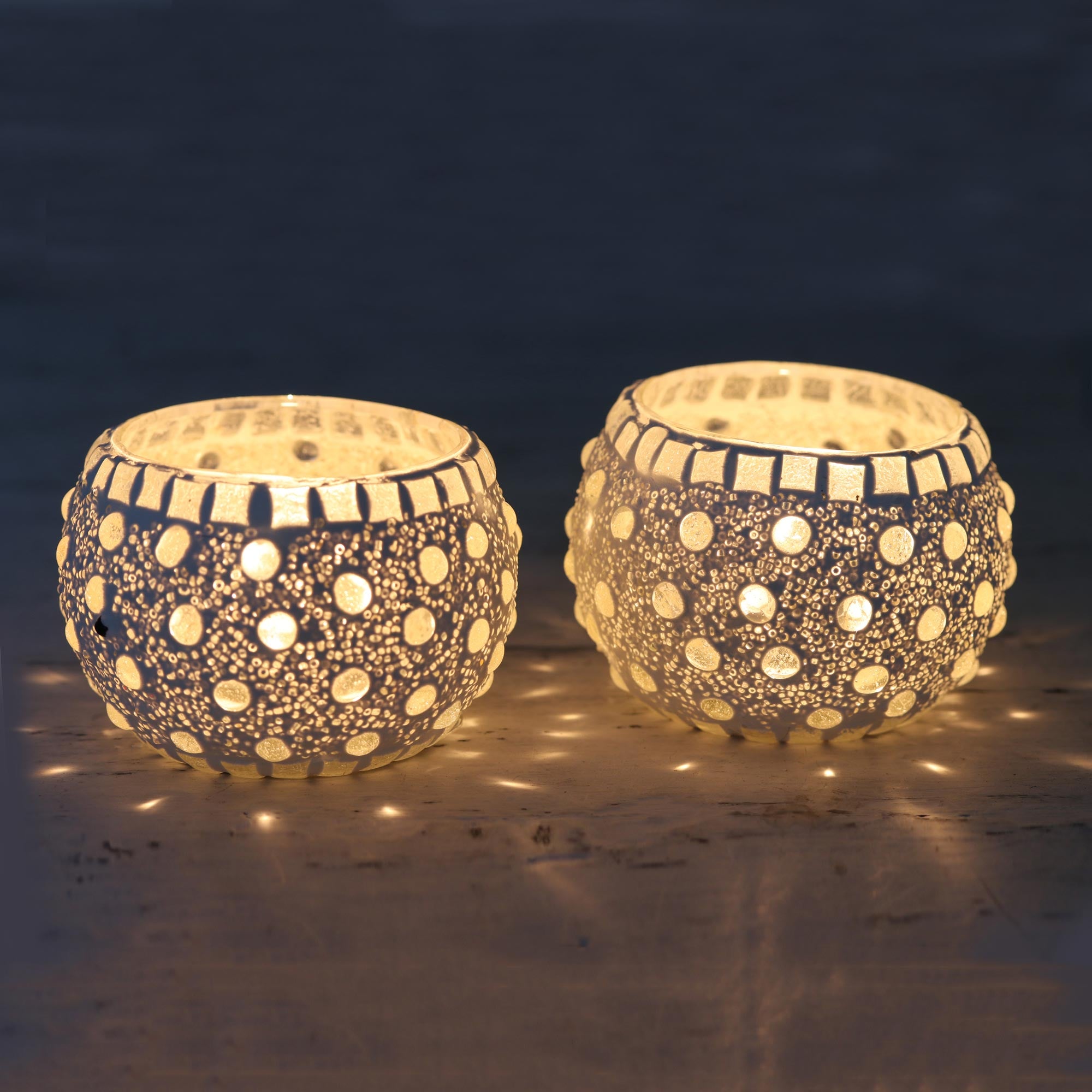 Premium Starlit Night Glass Mosaic Tealight Candleholders - Handmade Pair