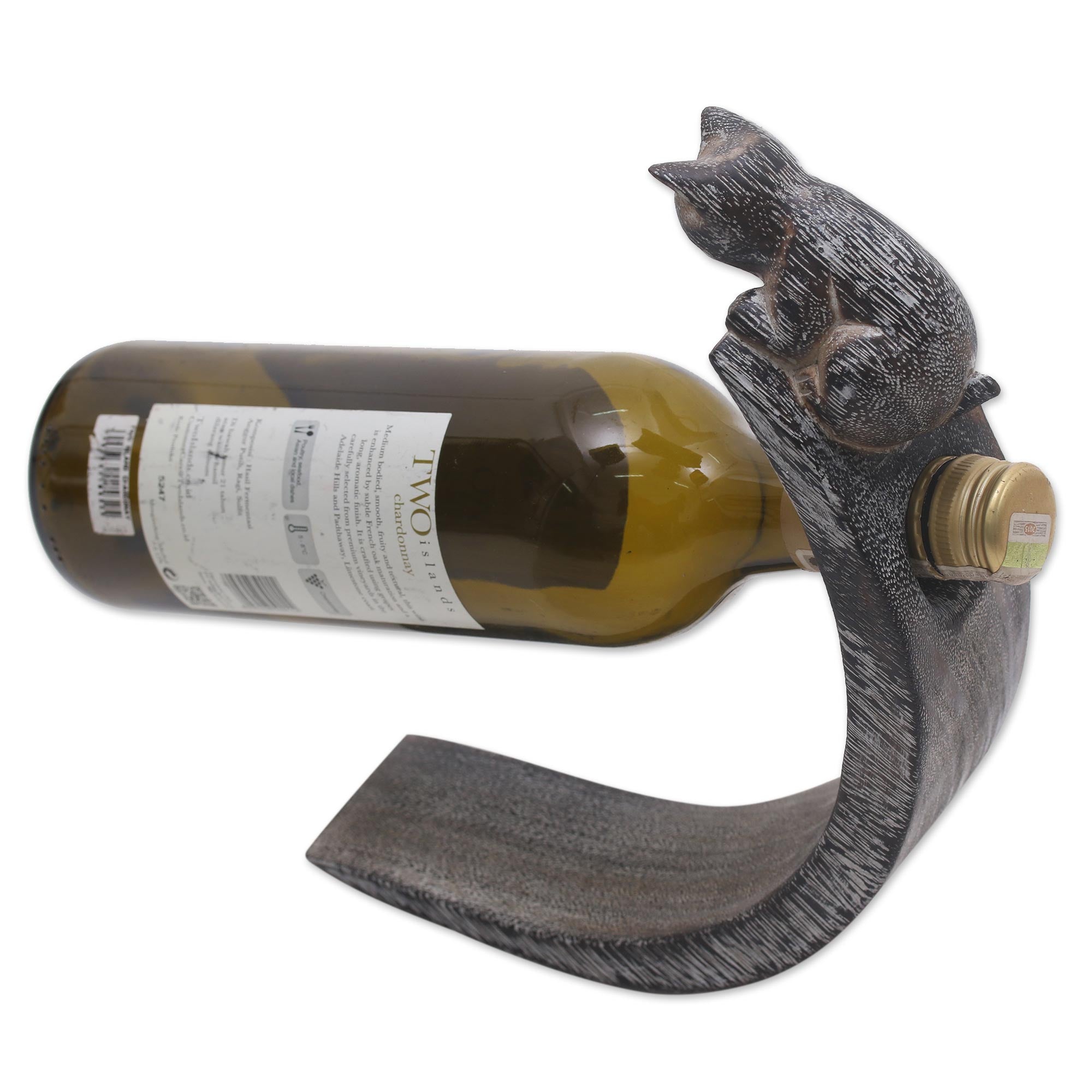 Premium Handcrafted Suar Wood Cat Bottle Holder - Black & White Peeking Kitten Design
