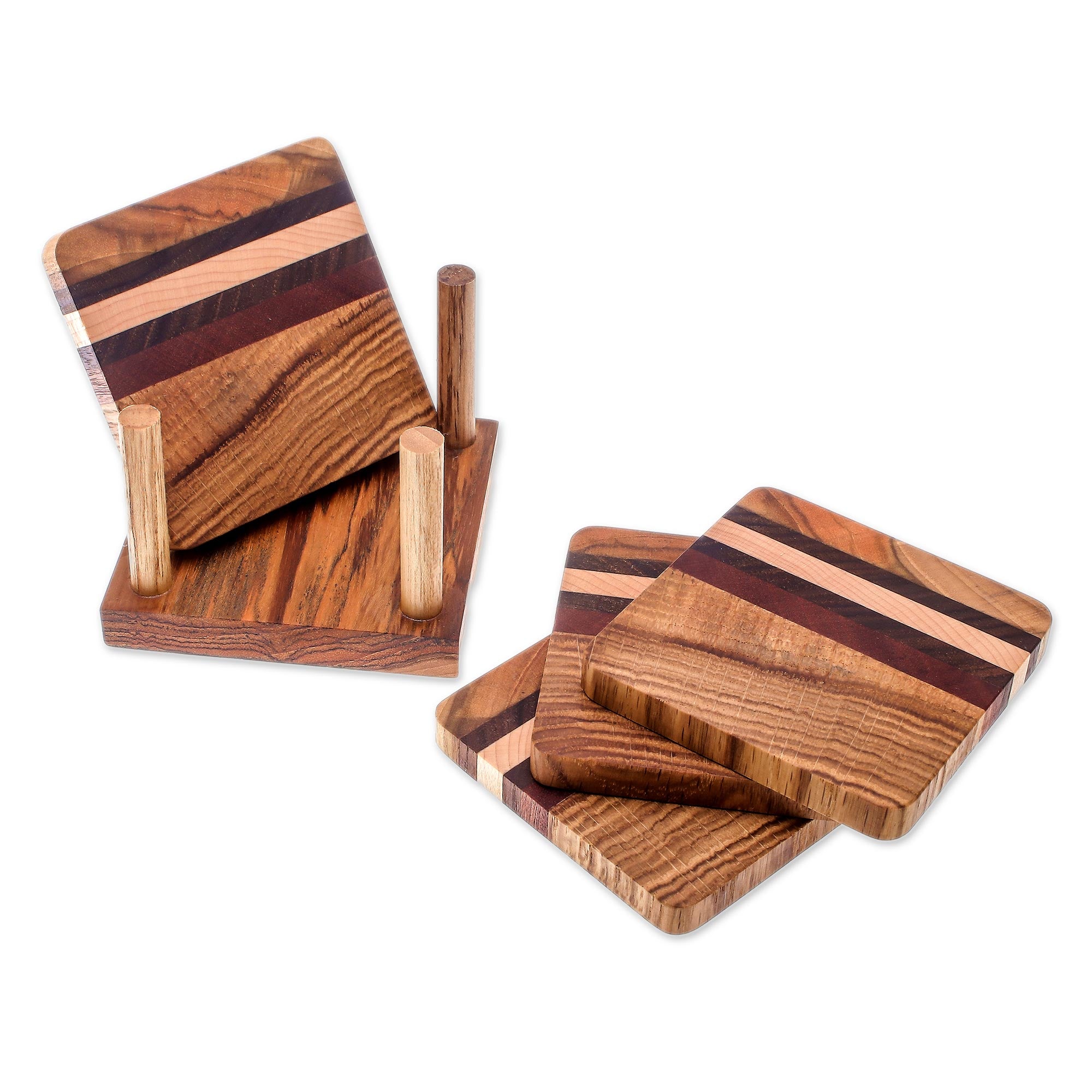 Premium Handcrafted Striped Wood Coasters Set of 4 - Natural Thai Design