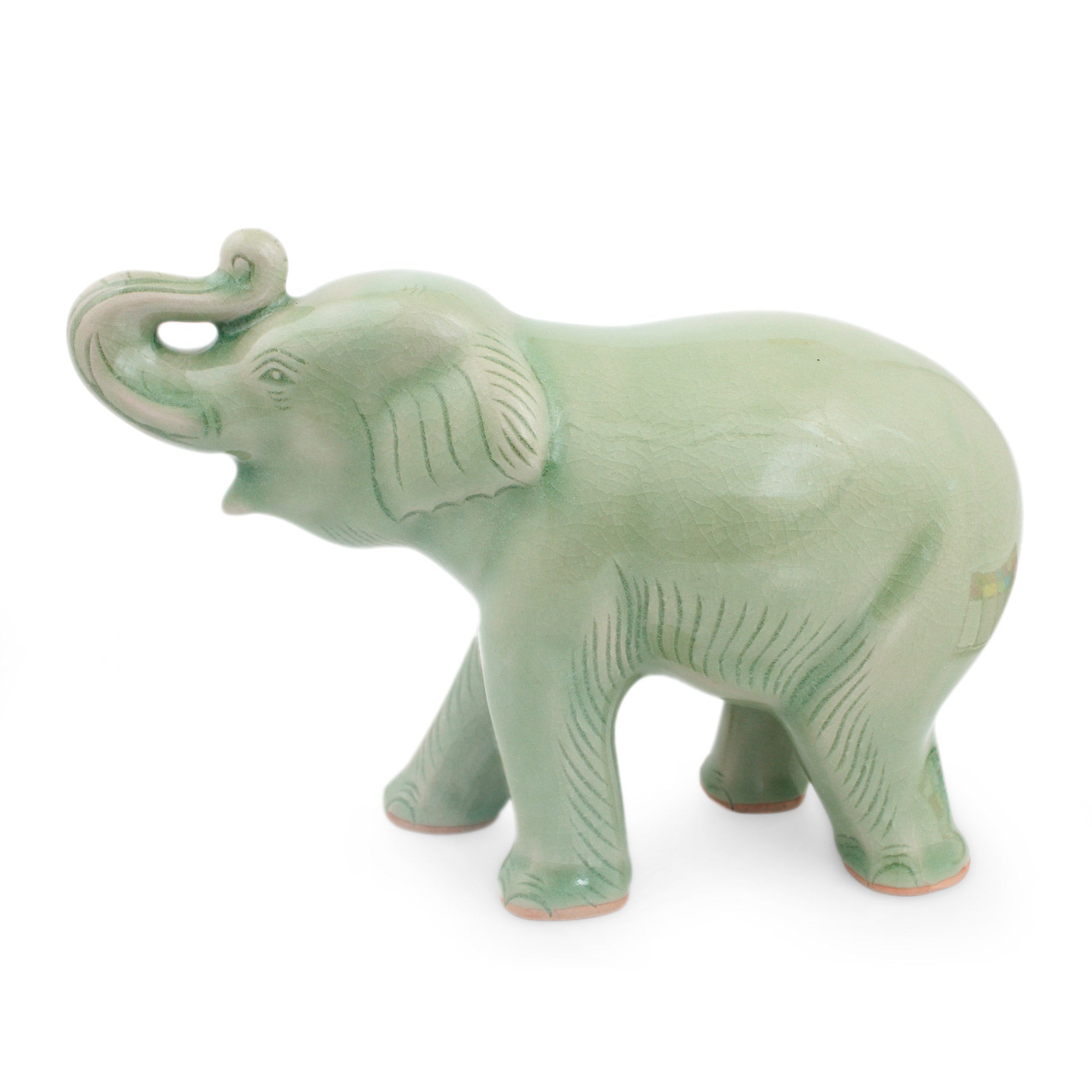 Premium Thai Celadon Elephant Figurine - Handcrafted Artisan Design