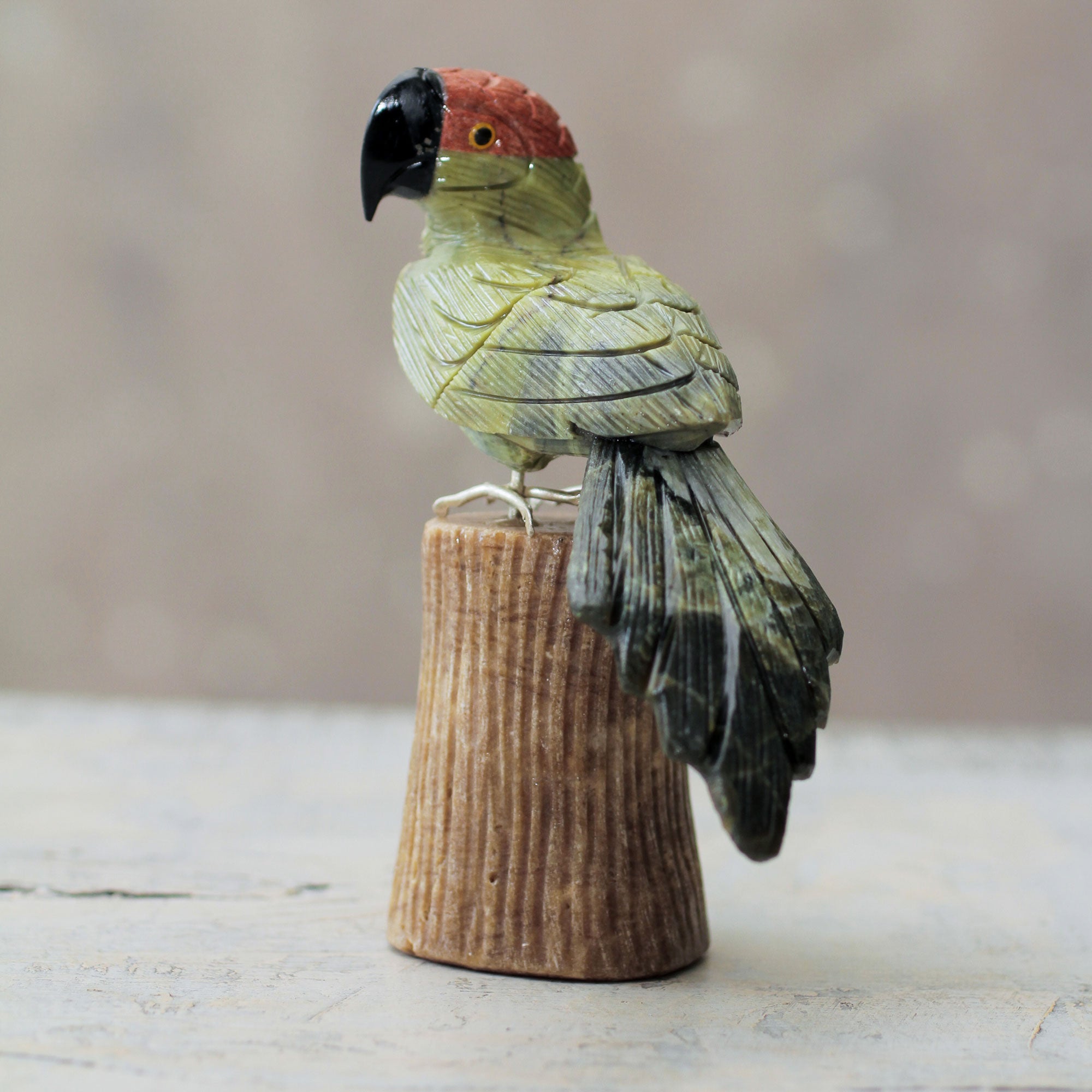 Premium Hand-Carved Andean Green Parrot Gemstone Sculpture