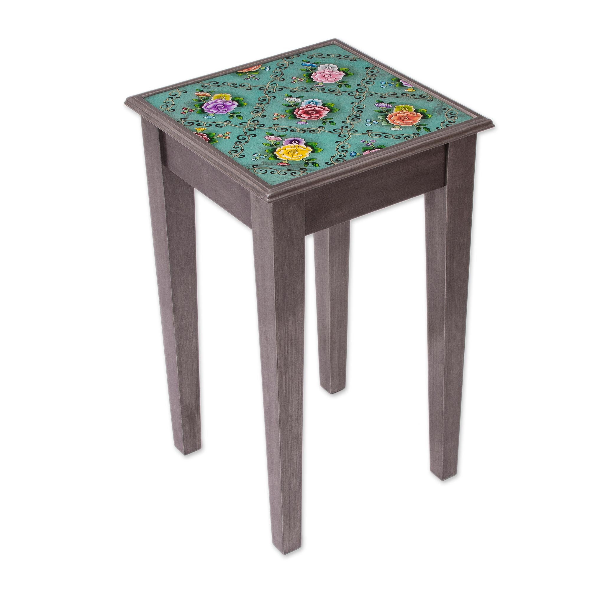Premium Reverse-Painted Glass Floral Accent Table - Handcrafted in Peru