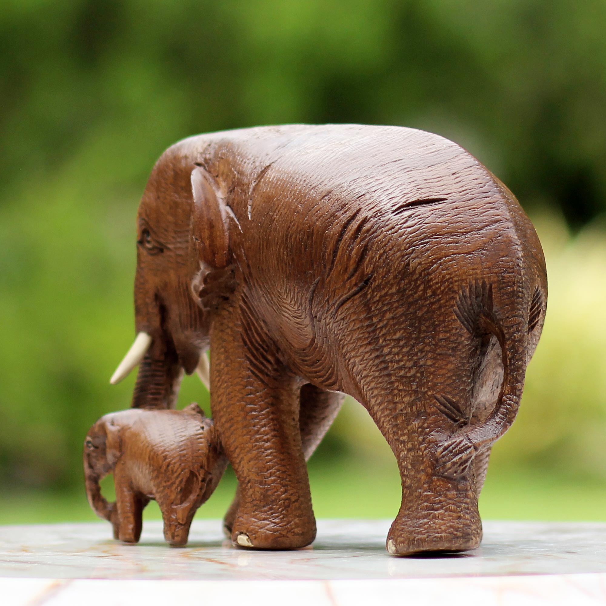 Premium Teak Wood Sculpture: Mother and Child Thai Elephants - Handcrafted in Brown