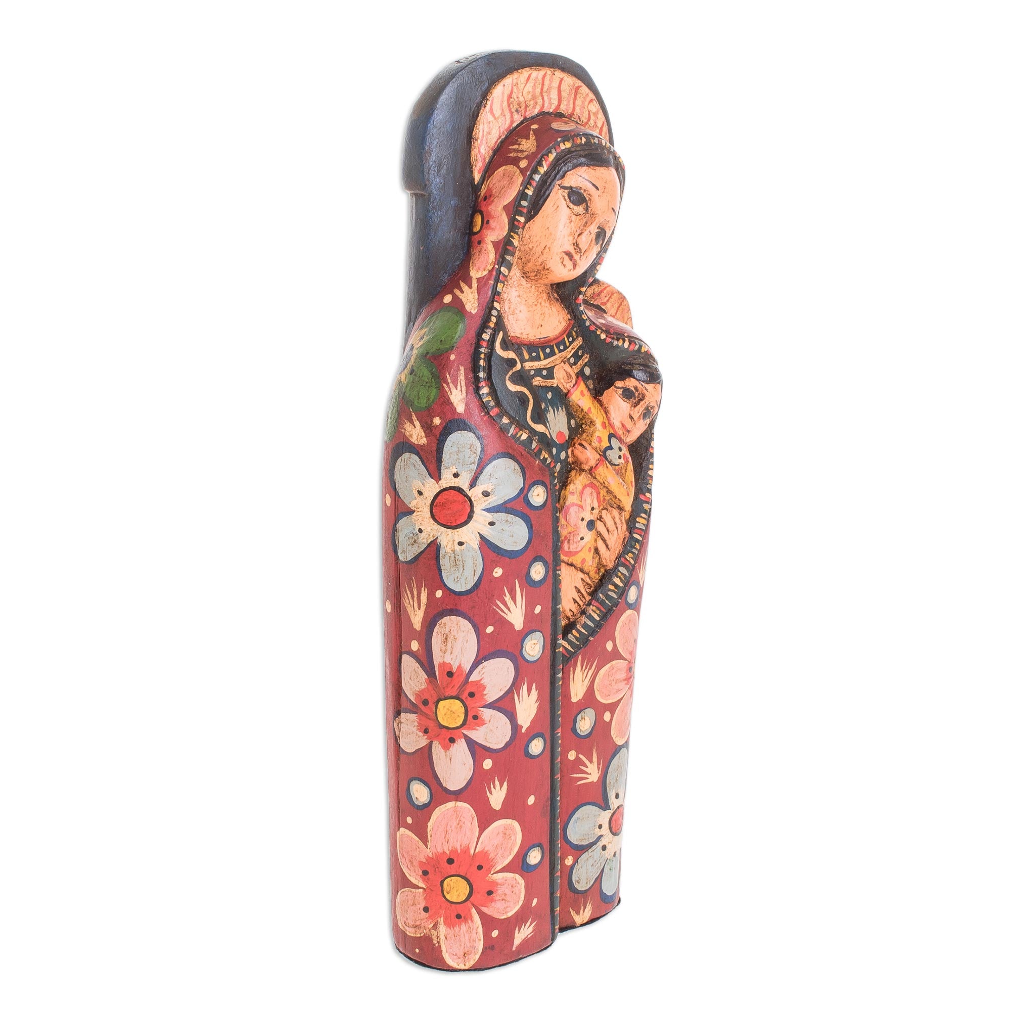 Premium Hand-Carved Mother of Love Mary and Jesus Statuette - Rustic Pinewood Art from Guatemala