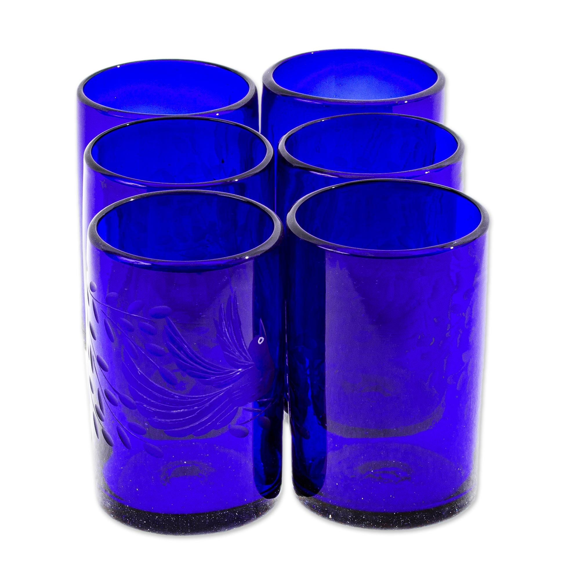 Premium Paloma Azul Etched Blue Handblown Glass Tumblers - Set of 6