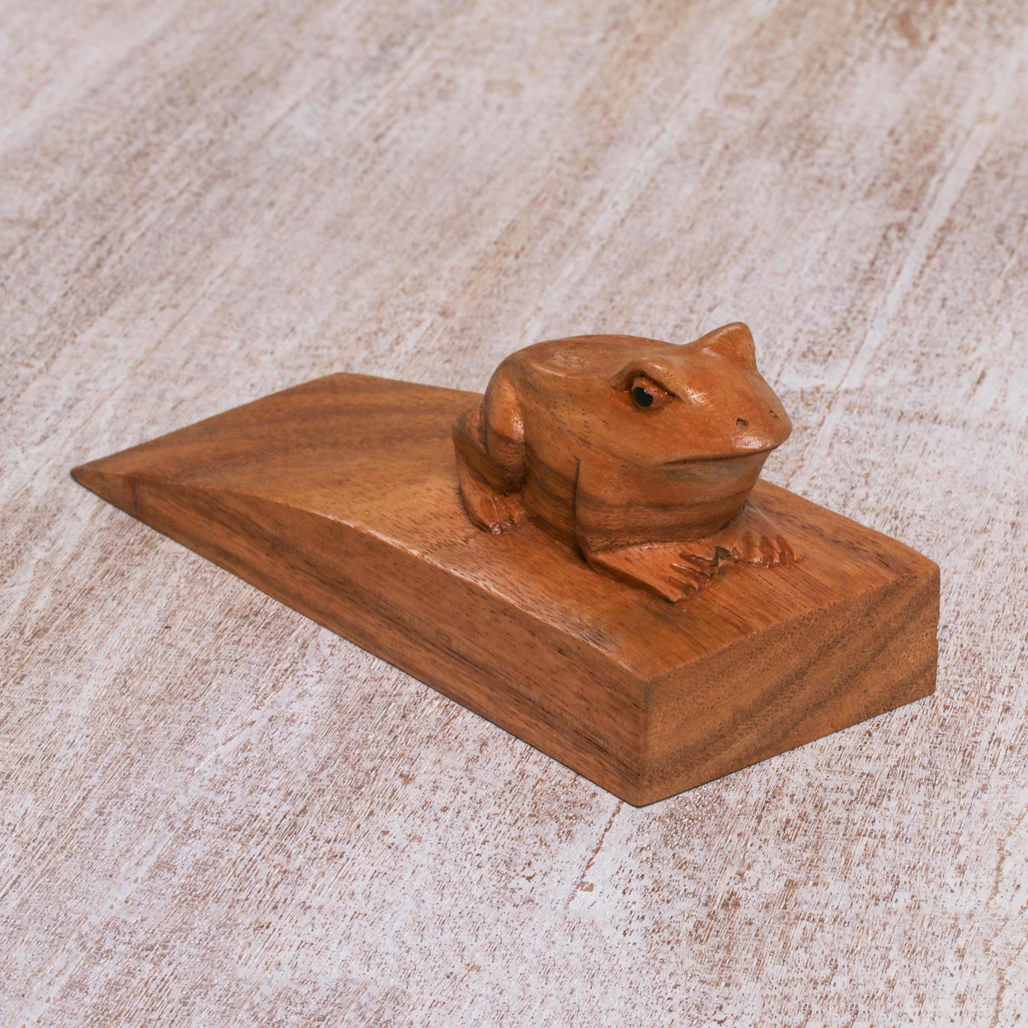 Premium Handcrafted Suar Wood Frog Doorstop with Brown Toad - Artisan Crafted in Bali