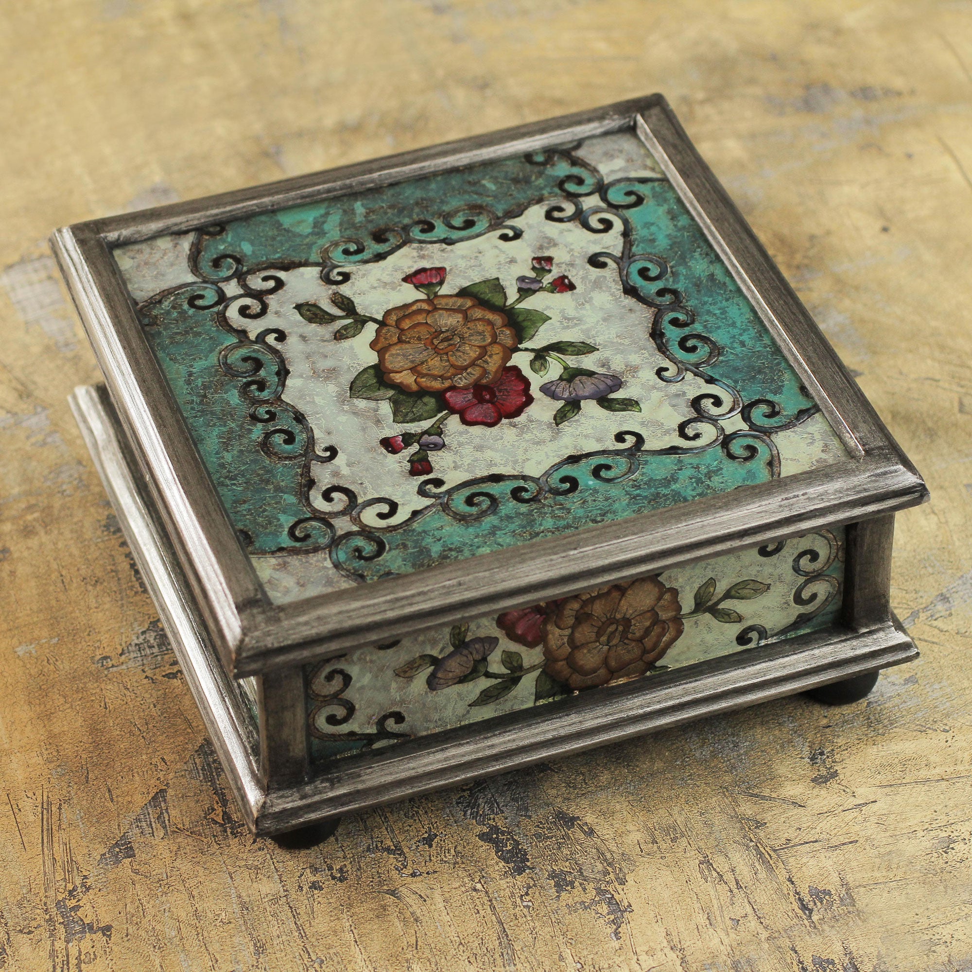 Premium Vintage Blossom Reverse Painted Glass Jewelry Box