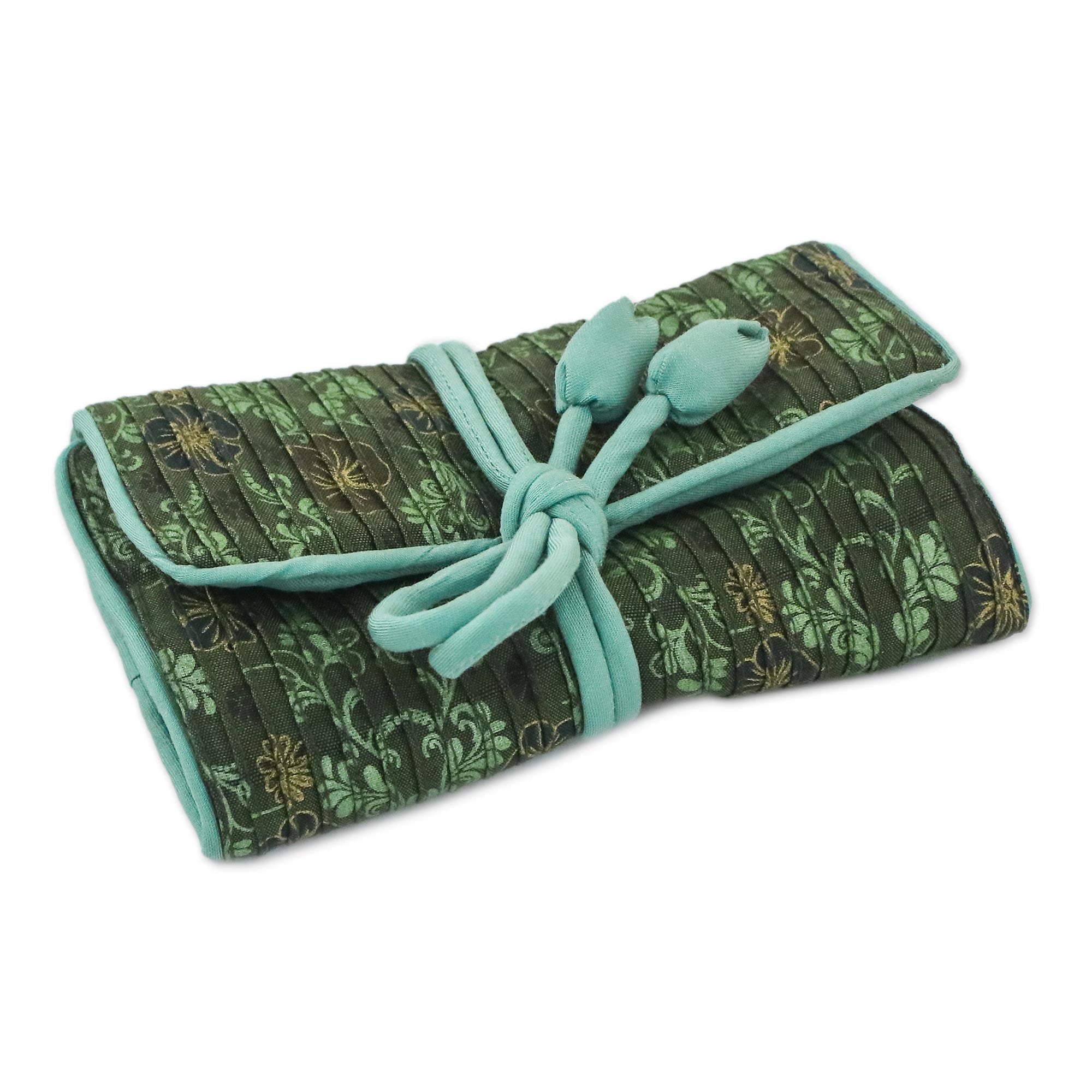 Premium Floral Jewelry Roll - Rayon & Silk Blend in Sage Green by Thai Artisan Vinita