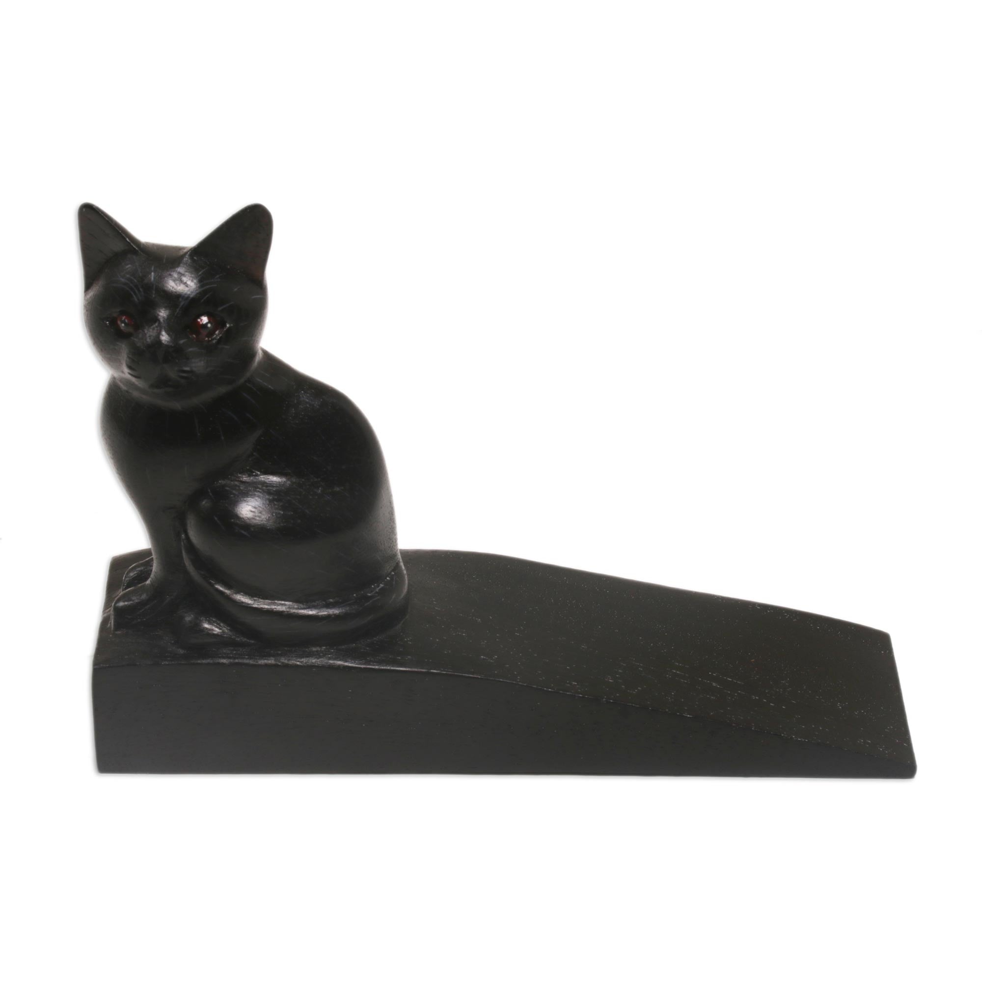 Premium Handcrafted Black Suar Wood Kitten Doorstop