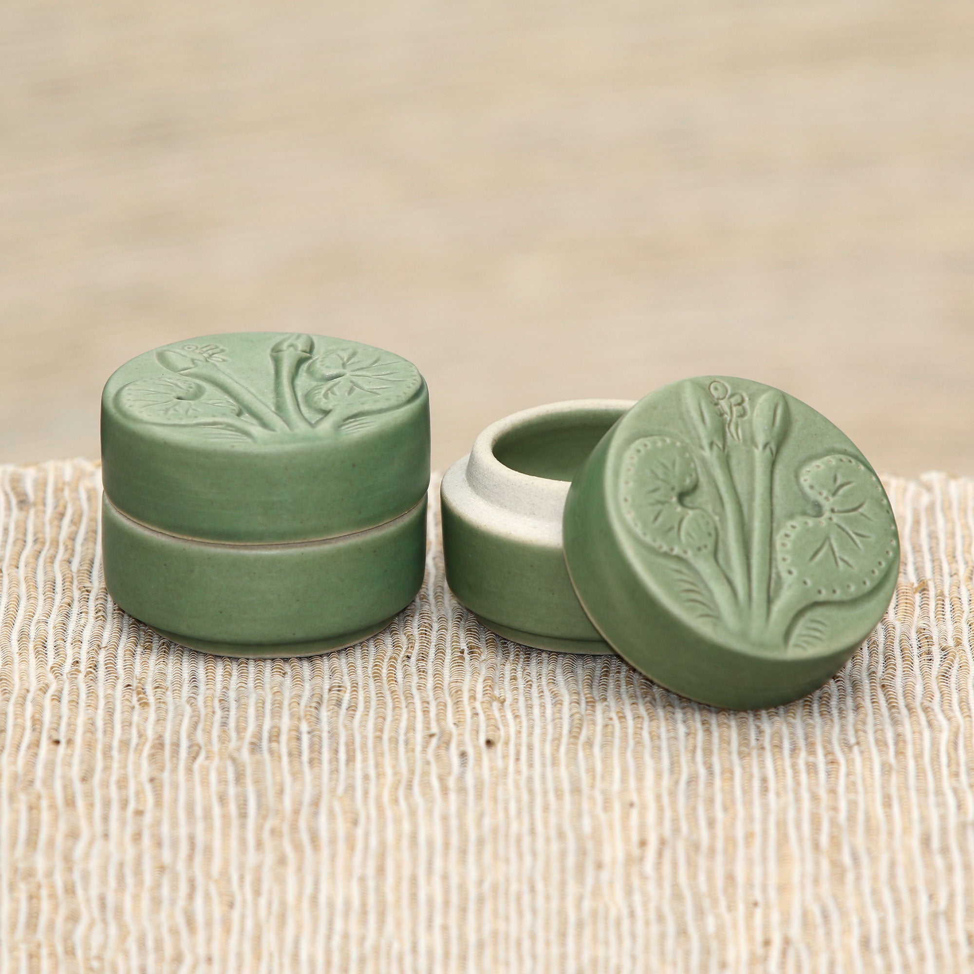 Premium Ceramic Lotus & Dragonfly Salt and Pepper Jars – Handcrafted Green Pair