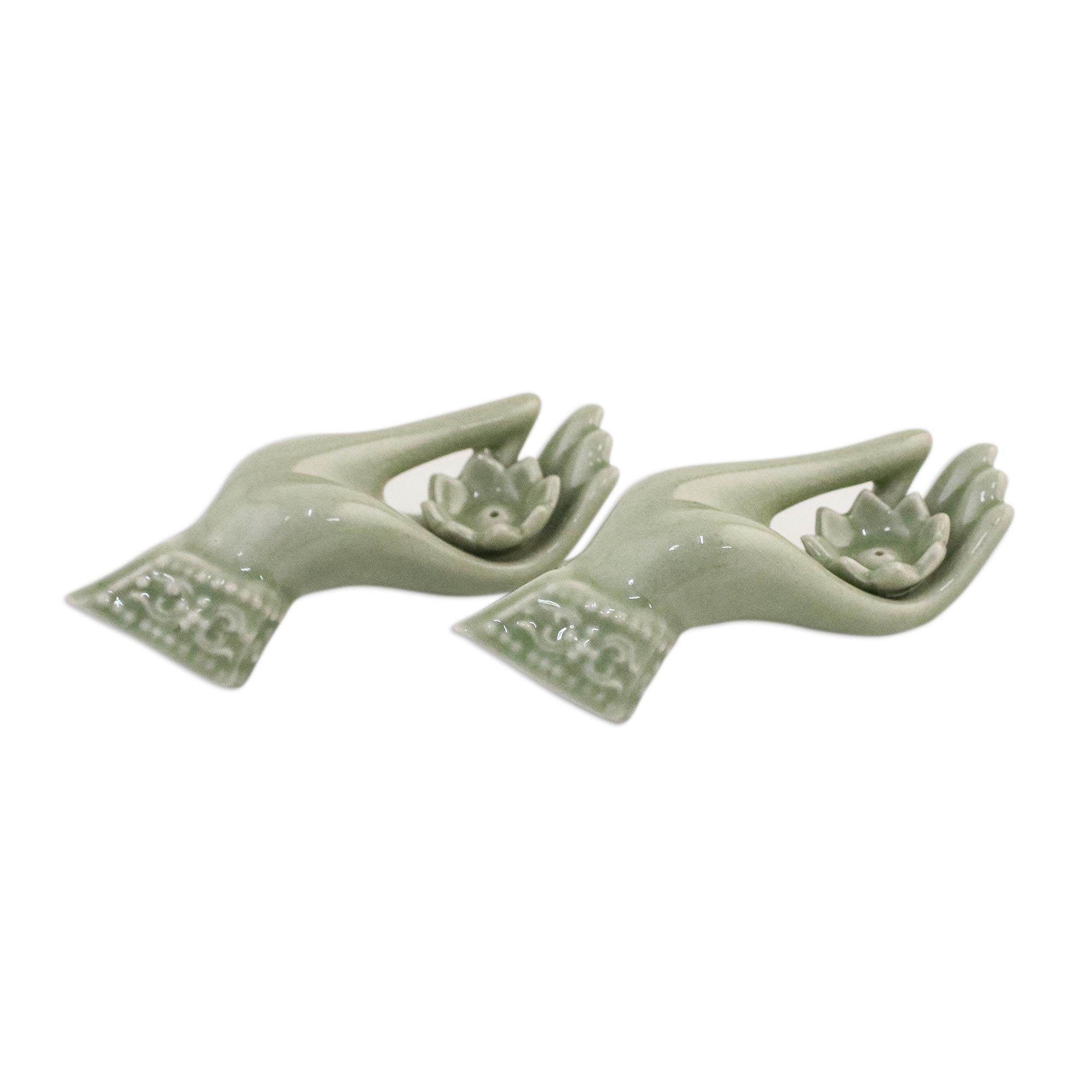 Premium Thai Dance Hands Celadon Incense Holders – Zen Decor Set of 2