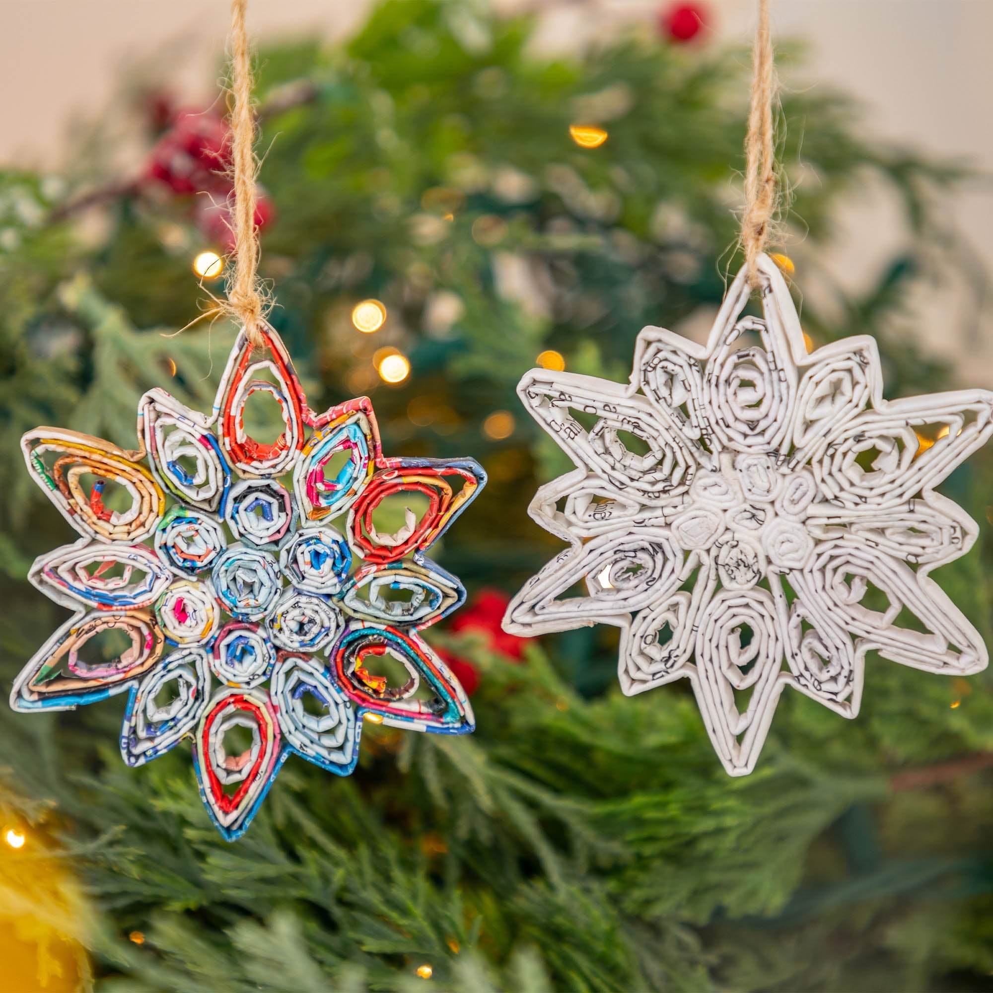Premium Recycled Magazine Snowflake Ornaments - Eco-Friendly Set of 2