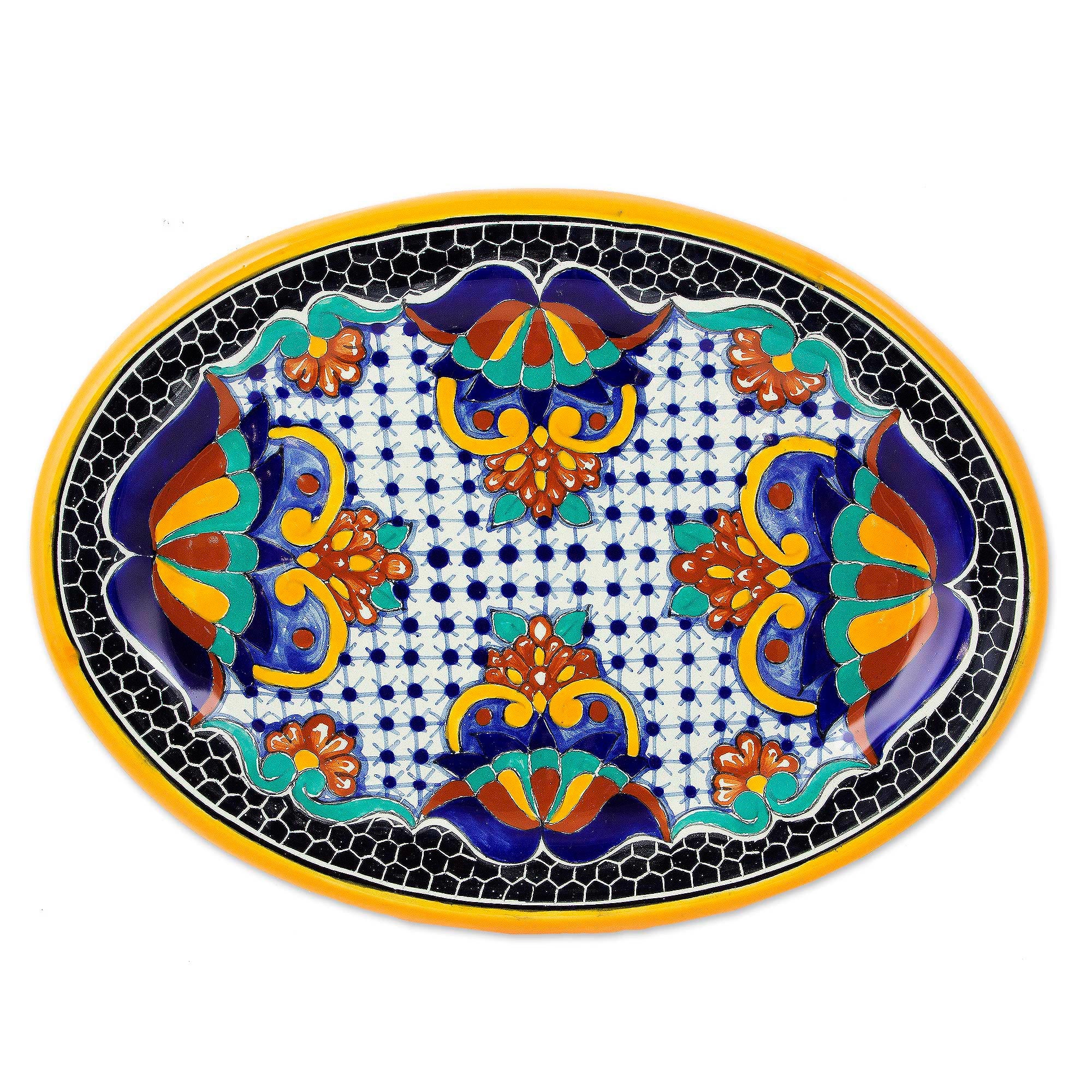 Premium Zacatlán Flowers Hand-Painted Ceramic Serving Plate – 13 Inch Oval