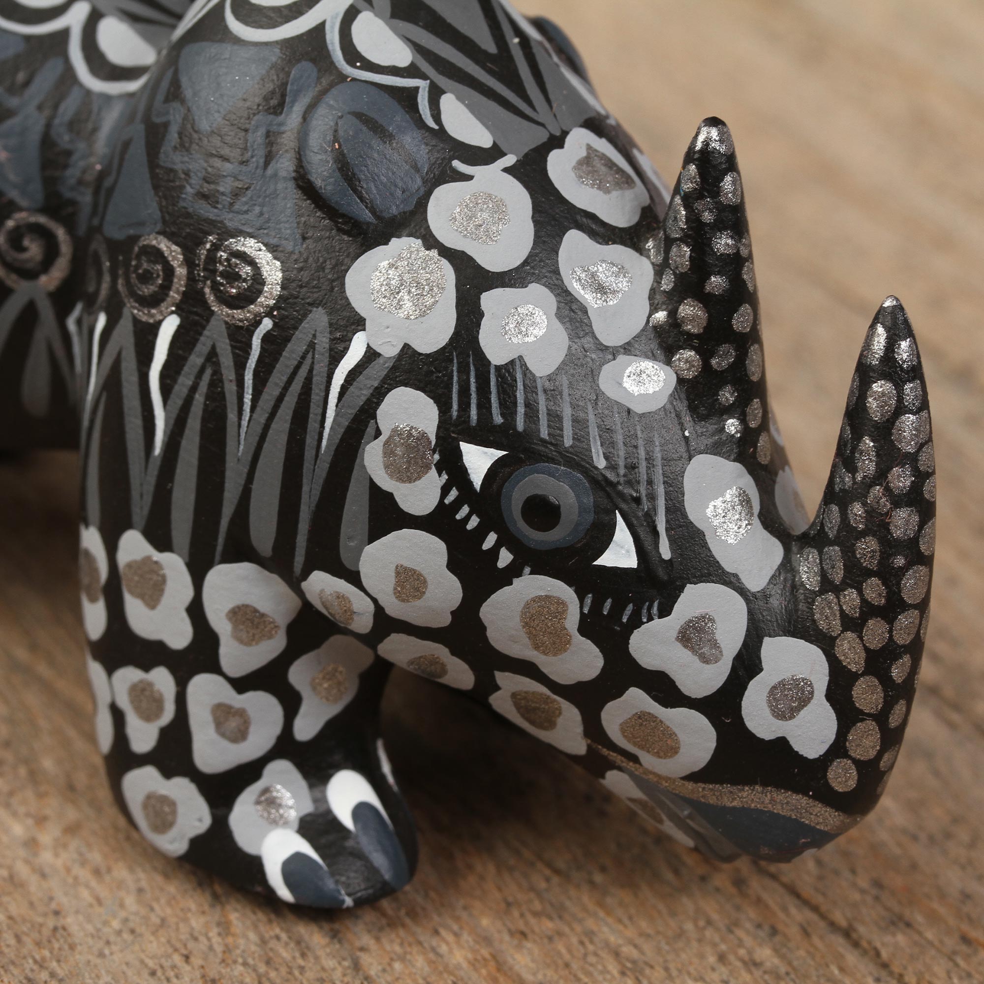 Premium Grey Rhino Alebrije Figurine - Hand-Carved Copal Wood Art from Mexico