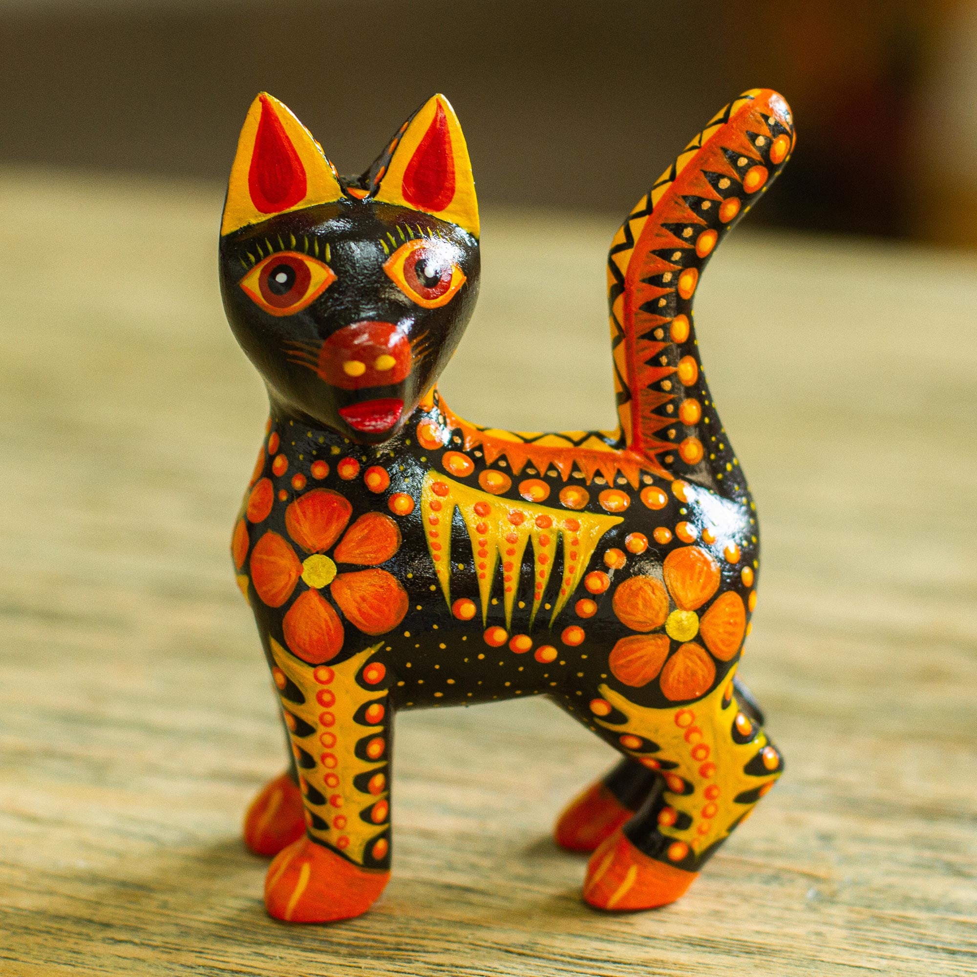 Premium Handcrafted Fiery Cat Alebrije Figurine - Orange Mexican Folk Art