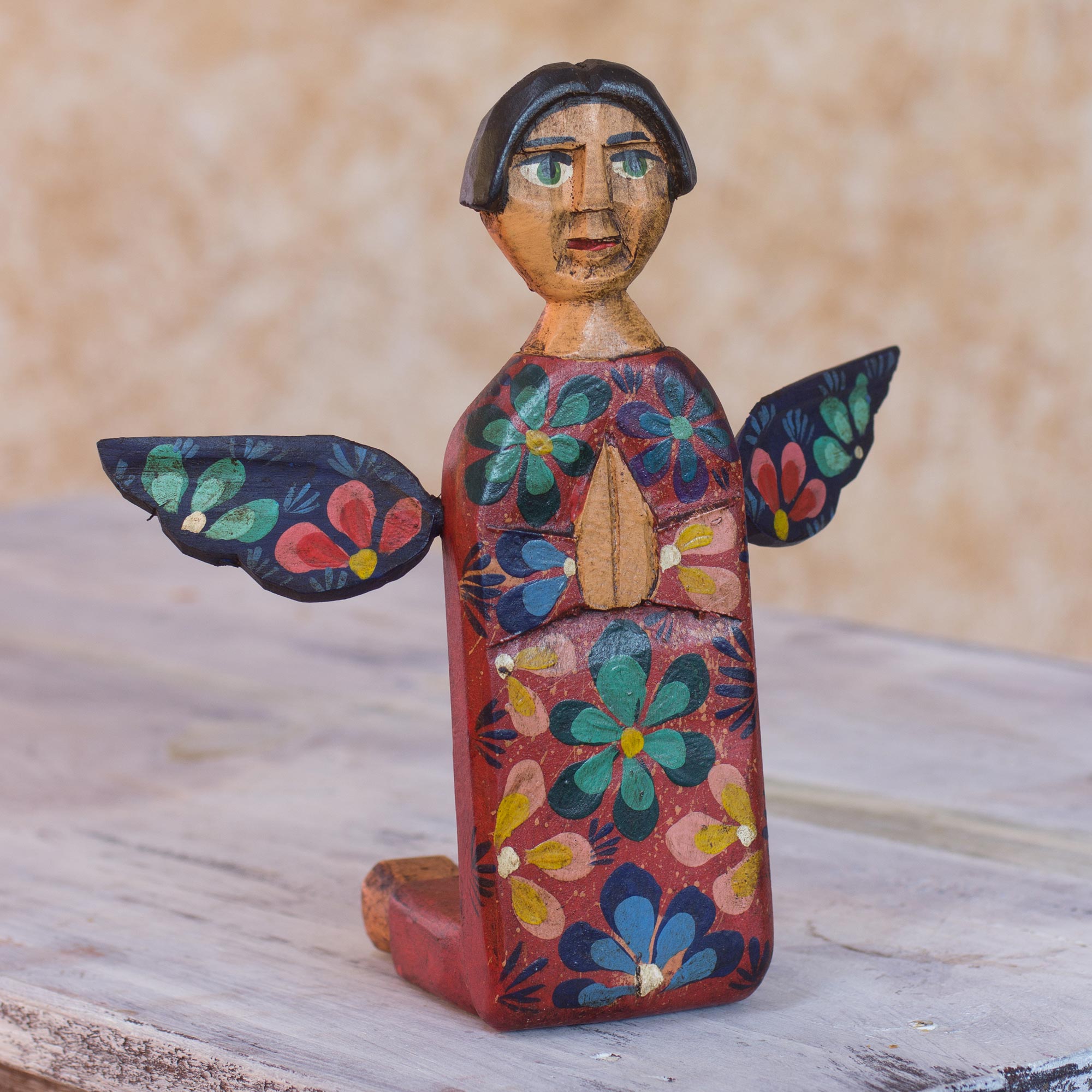Premium Angel of Vitality II: Handcrafted Kneeling Angel Wood Sculpture