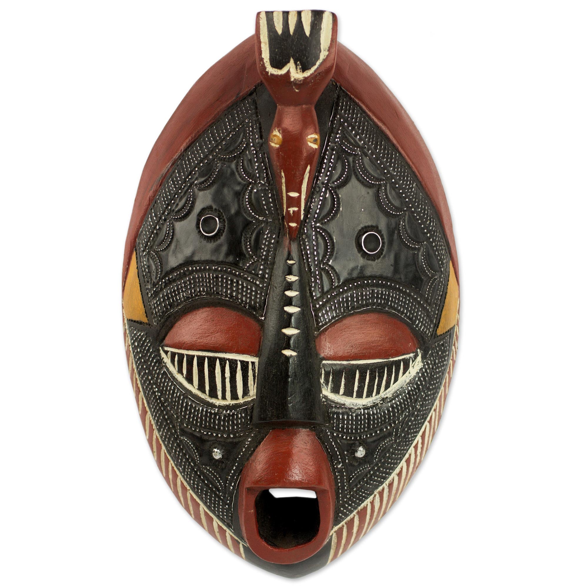 Premium African Carved Town Crier Mask - Sese Wood & Aluminum Wall Decor