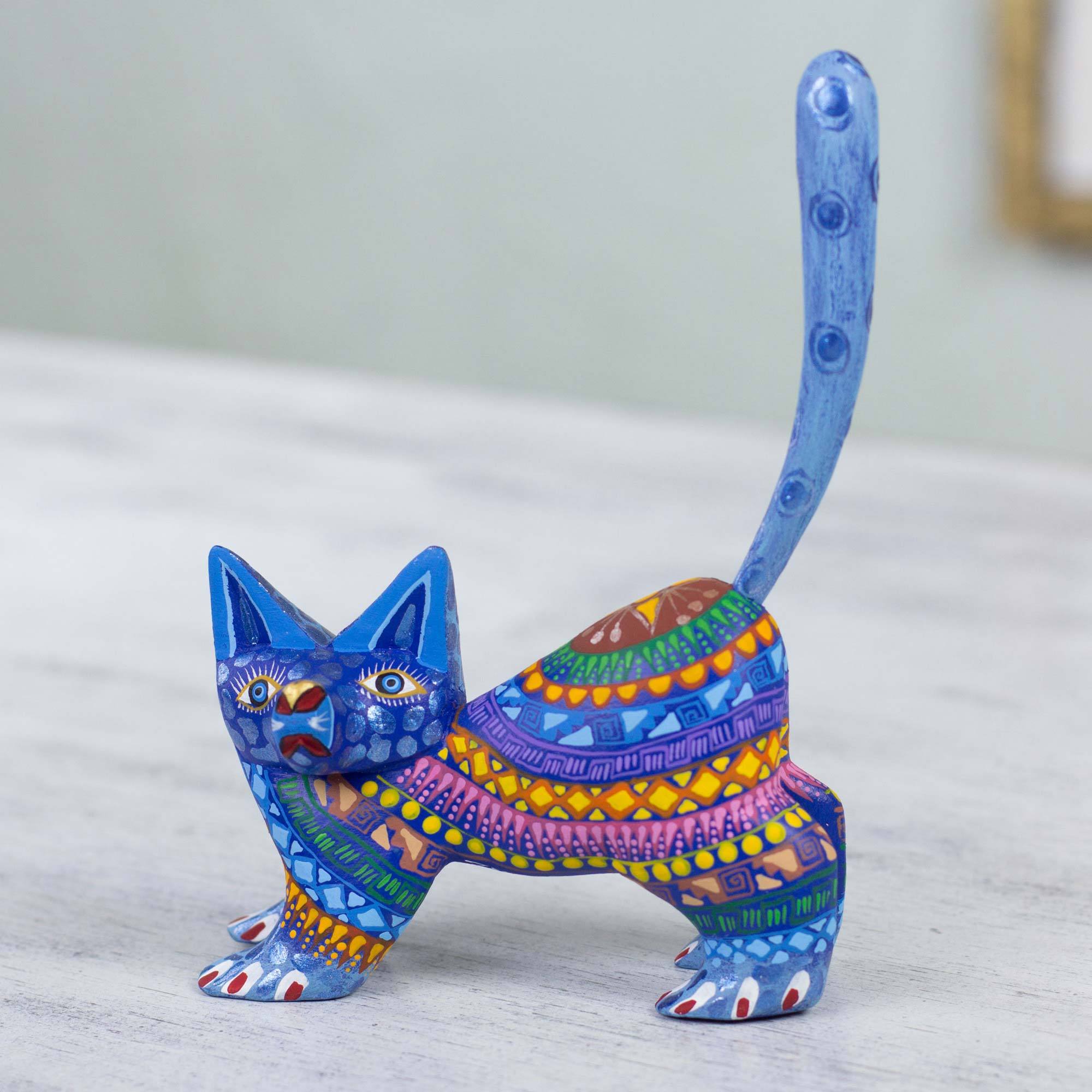 Premium Handcrafted Blue Kitten Sculpture - Oaxaca Folk Art