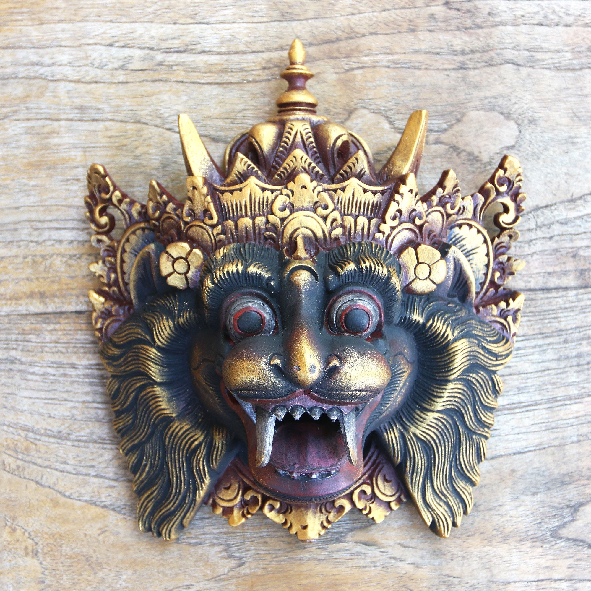 Premium Barong Macan II Handpainted Wood Mask - Authentic Balinese Wall Art