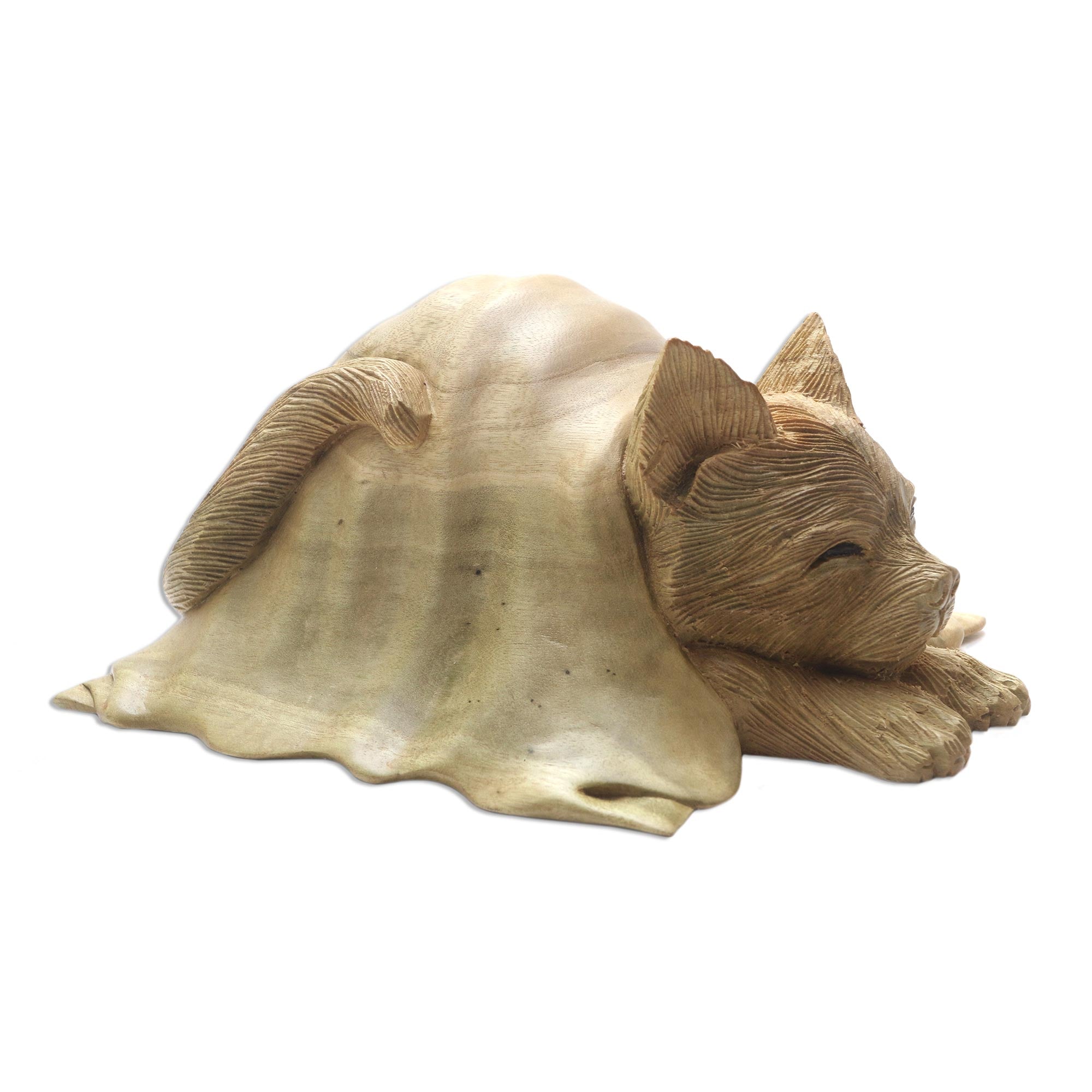 Premium Hand-Carved Hibiscus Wood Cat Sculpture - Cozy Cat in Blanket by Nyoman Sudiana
